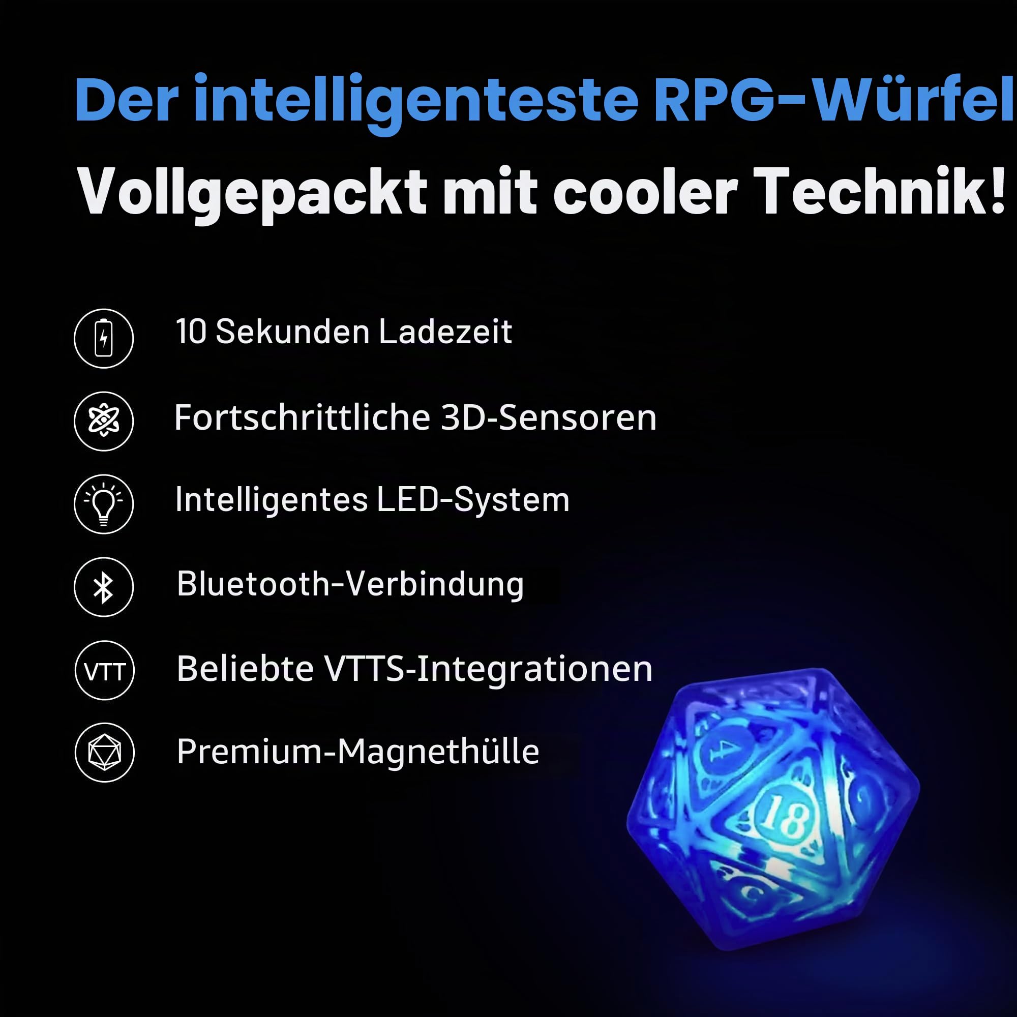 GoDice D20 - Vernetzter, physischer Polyeder-Würfel für Online-Rollenspiele | Lässt sich mit den Plattformen Roll20, Foundry VTT und Discord. Berechnungen in Echtzeit. Online spielen mit echten Würfeln