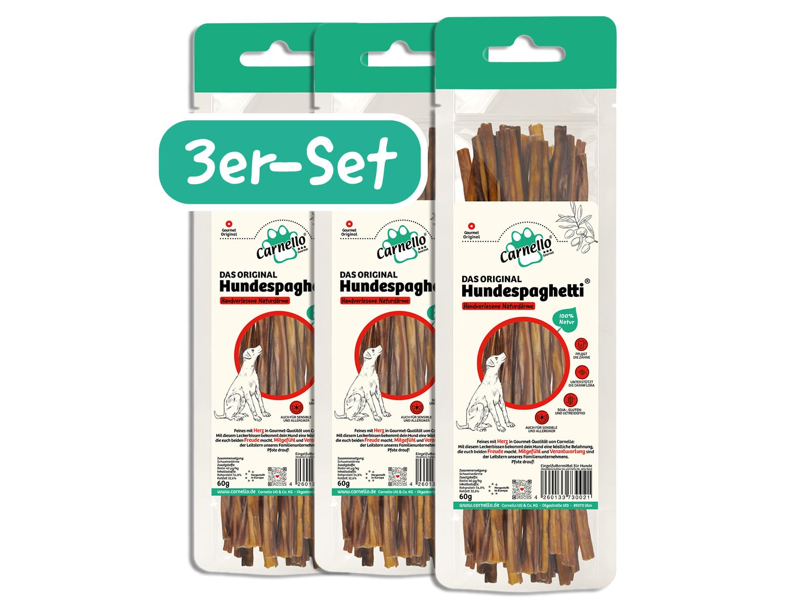 Carnello Hundespaghetti – Hundeleckerli, Leckerlis für Hunde, Hundesnacks getreidefrei – Wiederverschließbarer Beutel (3 x 60g)