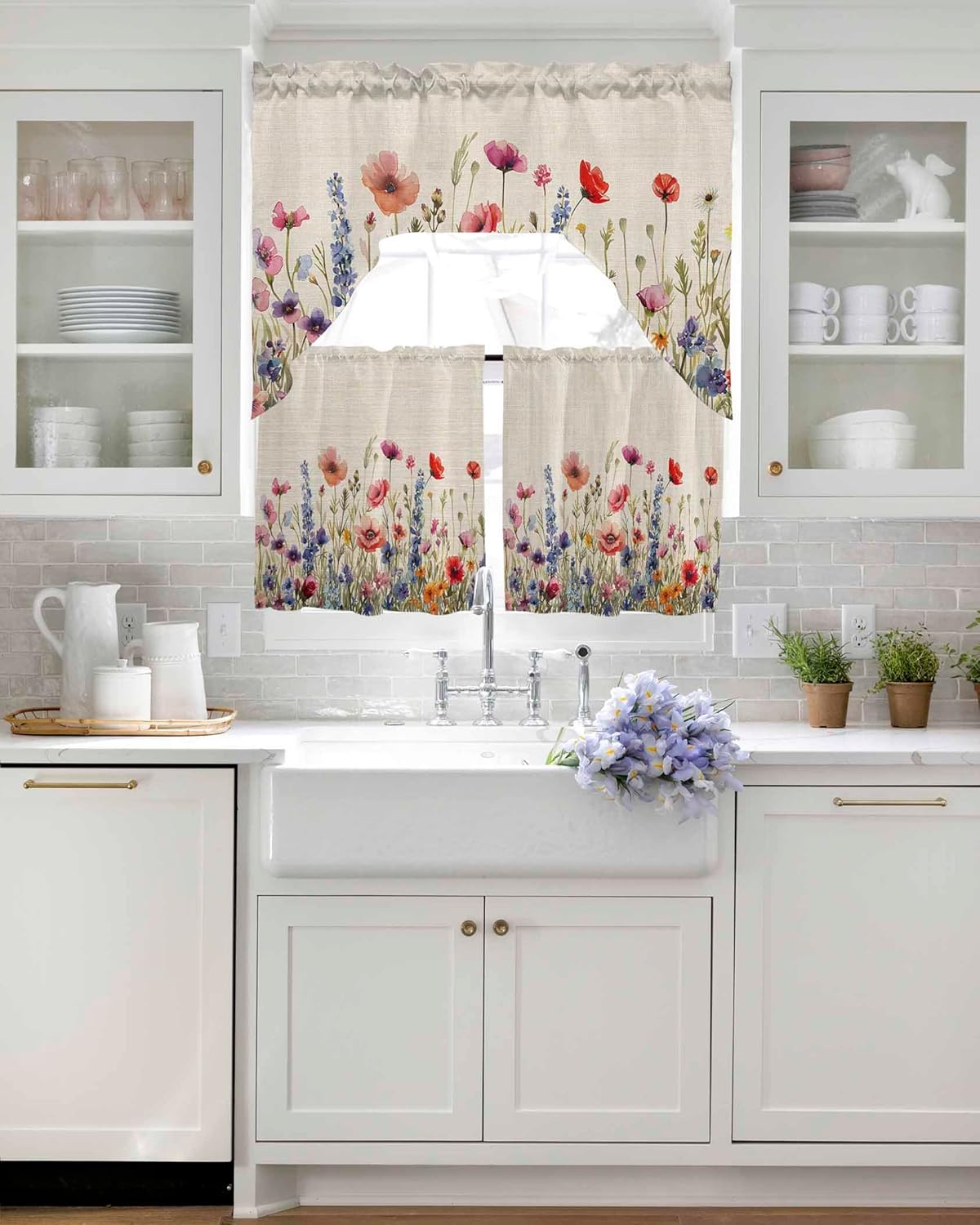 Blue Spring Flower Kitchen Curtains Swag Valance and Tier Curtains Set 36 Inch Length, Rod Pocket Drape Panels Swag Curtains for Bathroom/Cafe/Window Farmhouse Floral Retro Summer Botanical Leaves