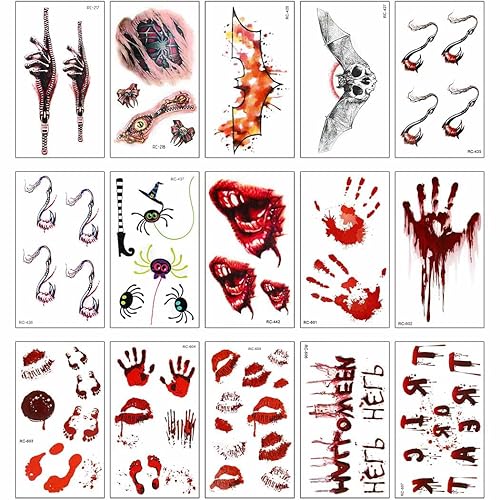 Miniatura 4 de Uranian Tatuajes temporales de Halloween, tatuajes de maquillaje para la cara y el cuerpo, calcomanías de tatuaje de terror de cicatriz falsa,