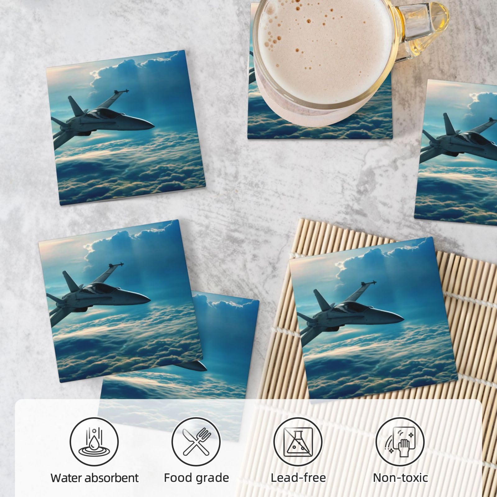 Set di 6 sottobicchieri decorativi in ceramica con stampa di aeromobili da combattimento