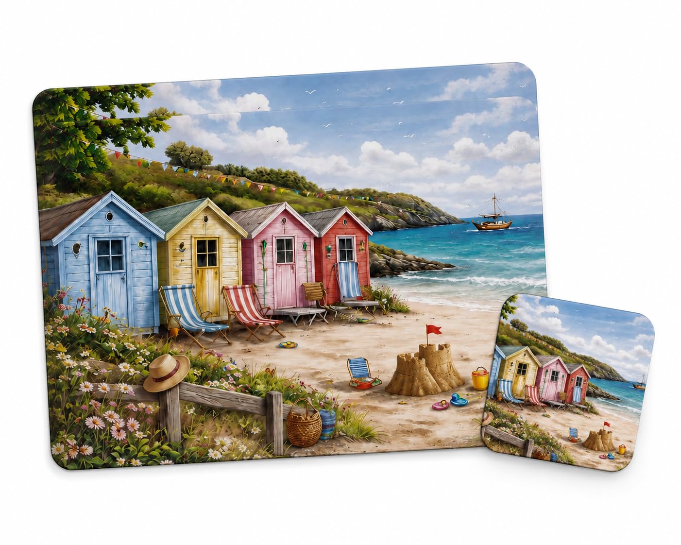 Beach Huts Cork Backed Placemats and Coasters Set of 4 | Heat Resistant & Wipe Clean Table Mats |Dining Placement Decor | 29 x 21.5 cm Placemats & 10.5 x 10.5 cm Coasters — image 1