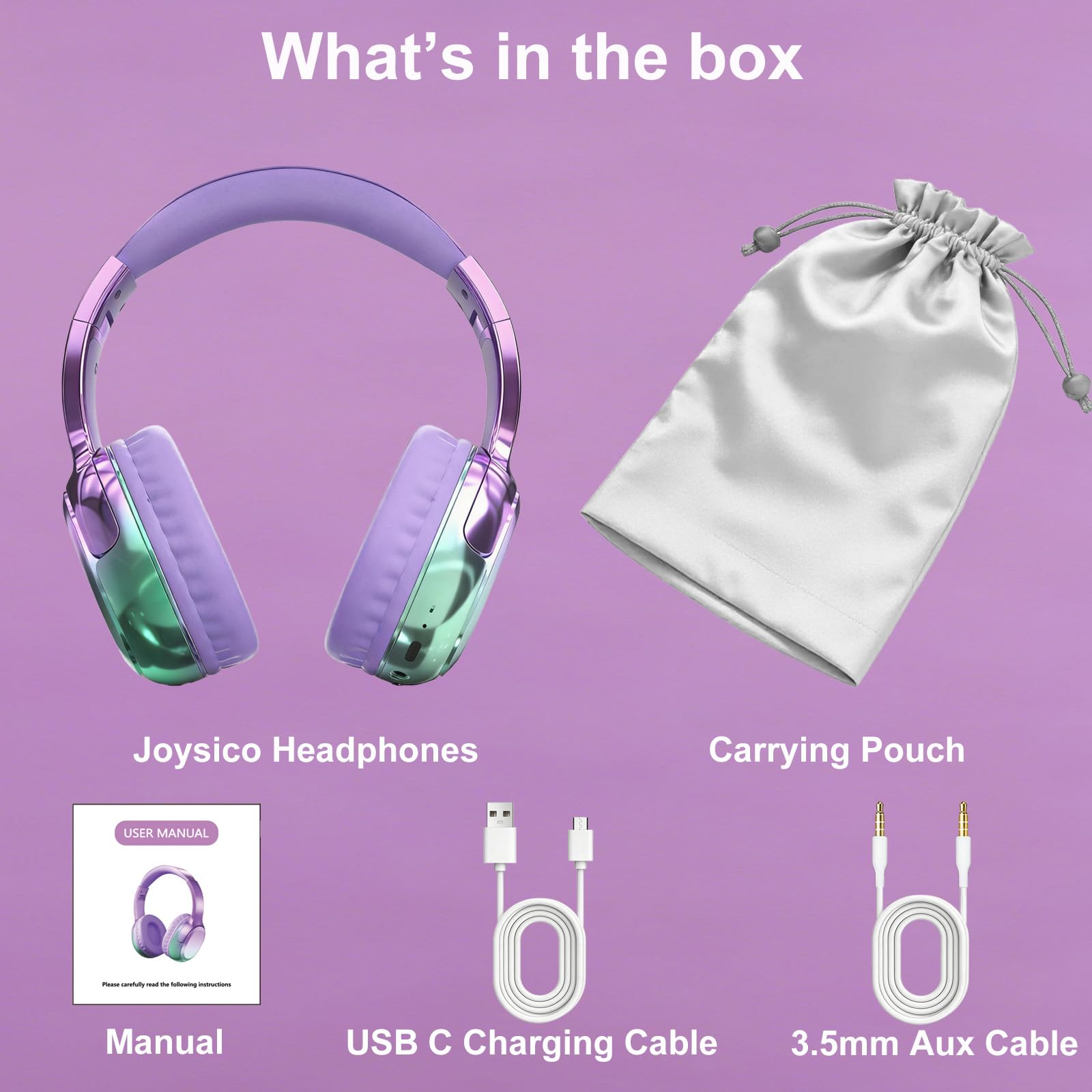Joysico Auriculares Bluetooth para niños, adolescentes, niñas, mujeres, con micrófono, tiempo de reproducción de 55 horas, límite de volumen de 85/94 dB, cable auxiliar para uso escolar, viajes