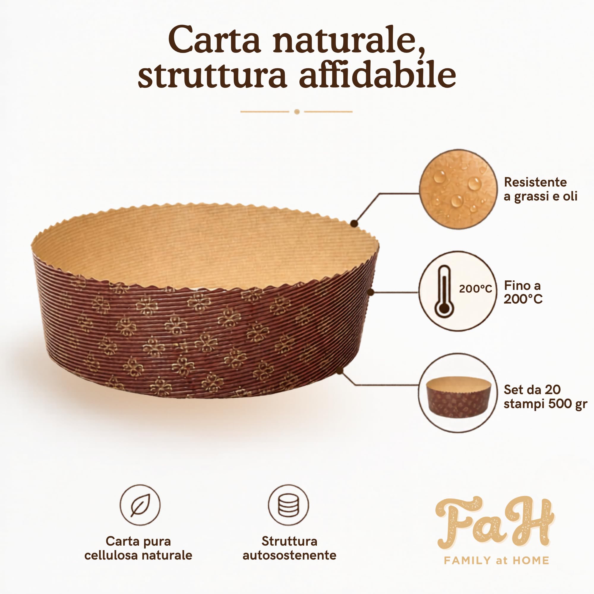 FAH - Stampo Panettone Basso 500 gr Qualità Premium (20 pz) - Pirottini Panettone Professionale di Carta Ondulata di Pura Cellulosa in Microonda Progettato per Panettoni, Resistente al Calore 220°C