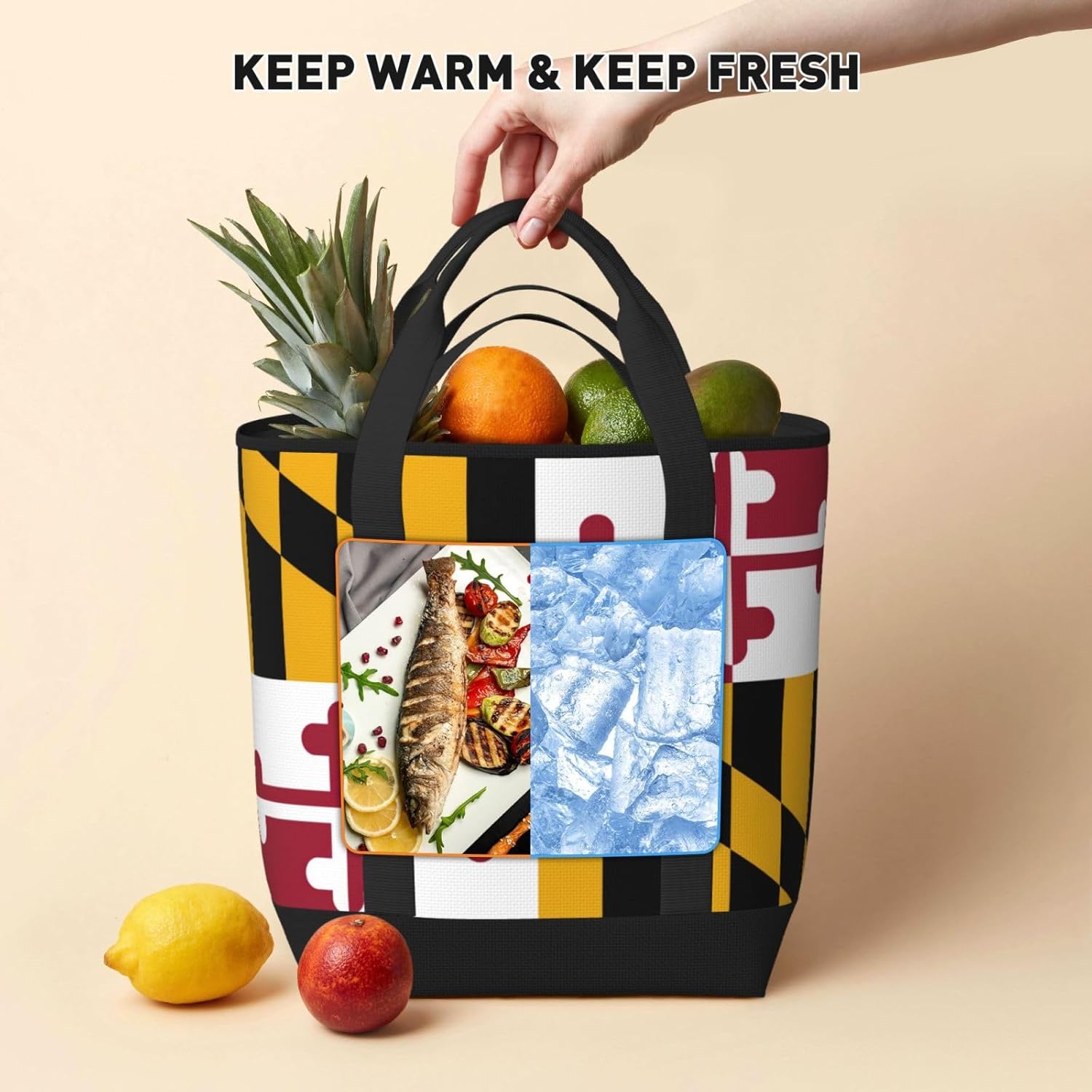 Maryland State Flag Print Large Cooler Bag Tote Bag,Reusable Grocery Bag,Lunch Box Bag, For Picnic Beach Camping