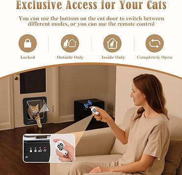 Smart Cat Door for Interior & Exterior, Flap Opening is 7.67 (H) by 7'' (W), RFID Cat Pet Door with 3 RFID Collar Sensor Keys & 1 Remote & 4 Way Locking Cat Flap, Automatic Opening Cat Door (Black)
