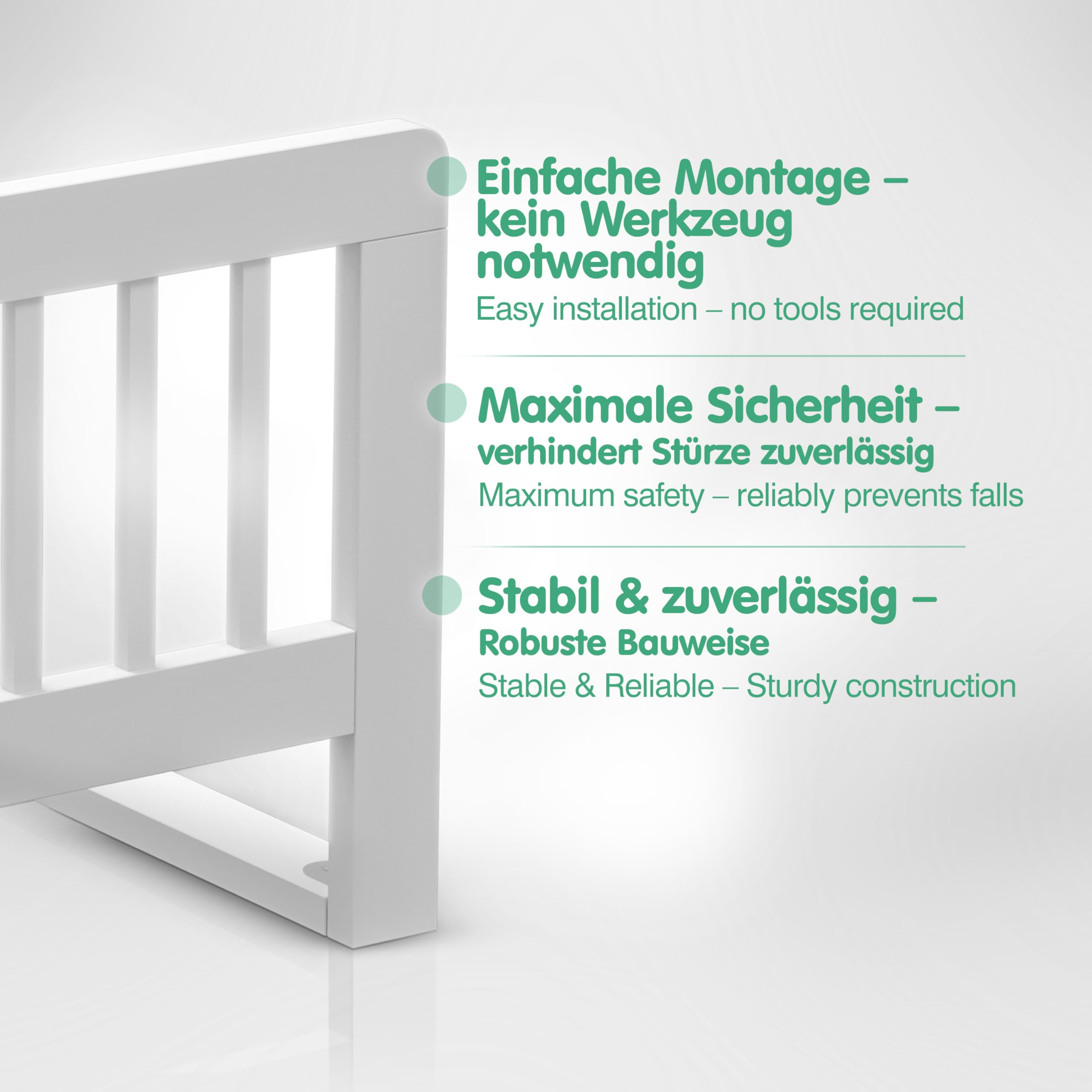 CADANI barrière de lit pour Enfant – Protection Anti-Chute Pliable en Bois Massif pour lit Parental et lit d’Enfant, Couleur Blanc, 115 x 40 cm