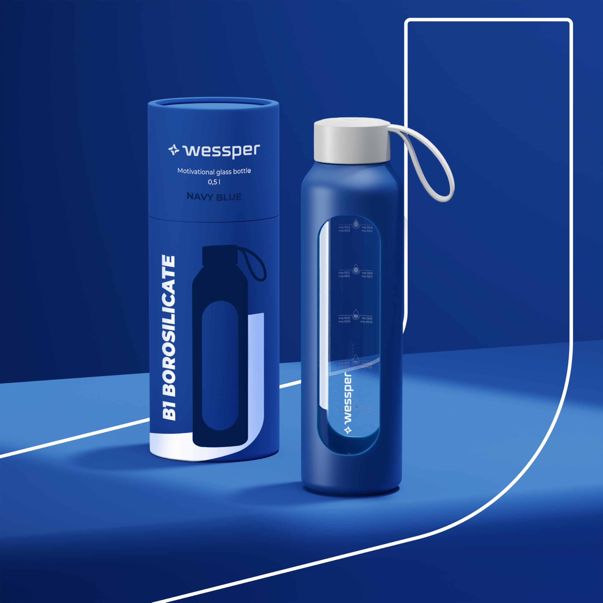 Wessper Borraccia 500 ml, bottiglia motivazionale con scala di idratazione, borraccia in vetro borosilicato con custodia in silicone, materiale sicuro senza BPA – Blu