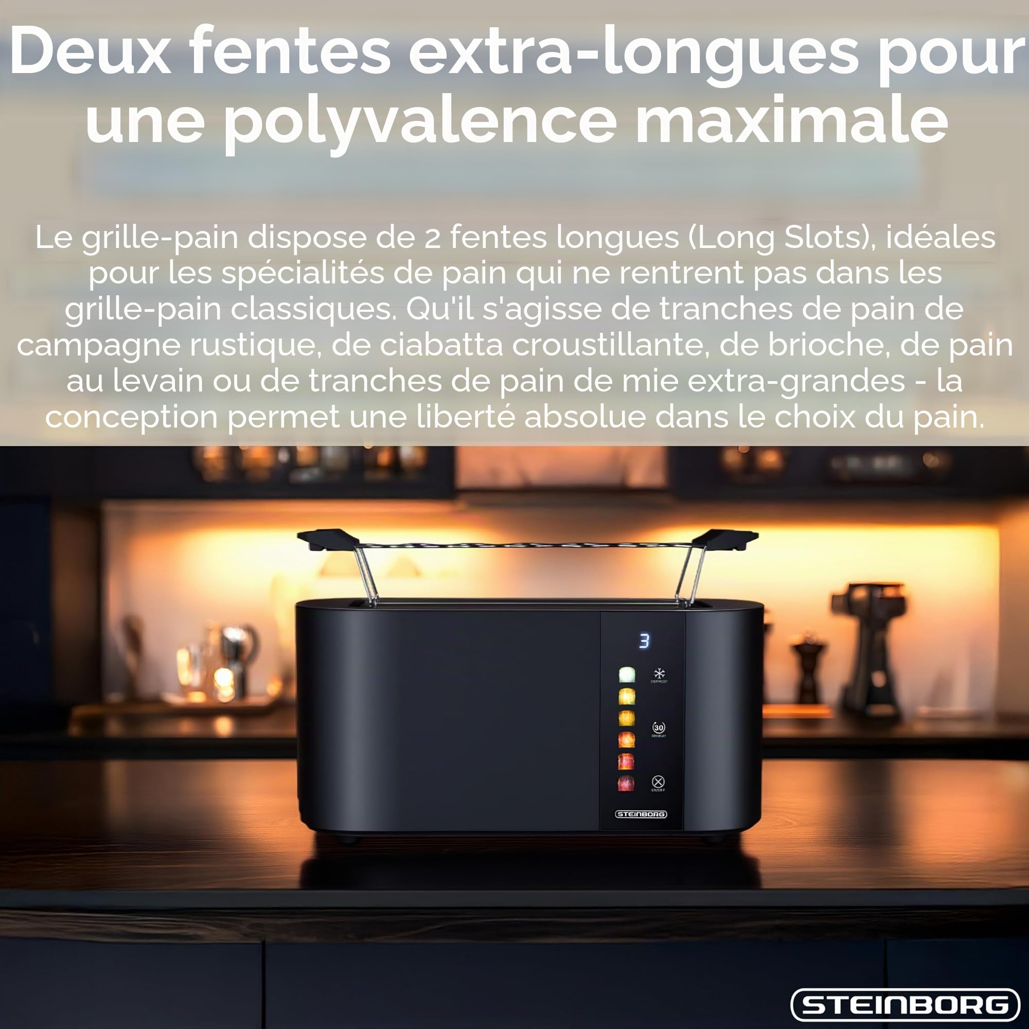 Steinborg® Grille-pain automatique 4 tranches avec grille à viennoiseries, grille-pain à longues fentes, fonction de levage automatique sans levier - Tapis de toast, affichage numérique, centrage du