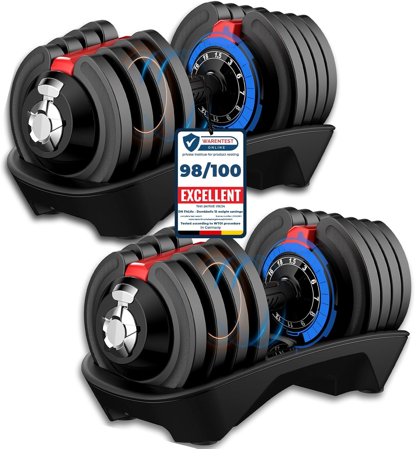 An image depicting DH FitLife 18KG/24KG Adjustable Dumbbells with 12 Weights in 1, Dumbbell Set for Men and Women, Space-Saving Free Weights for Home Gym & Strength Training