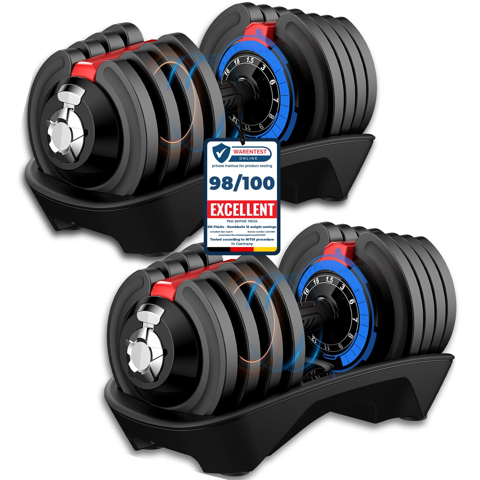 DH FitLife 18kg Adjustable Dumbbells 1.5 to 18kg with 12 Weights in 1, Dumbbell Set for Men and Women, Space-Saving Dumbbells for Home Gym & Strength Training (Pair, 2 x 18kg)