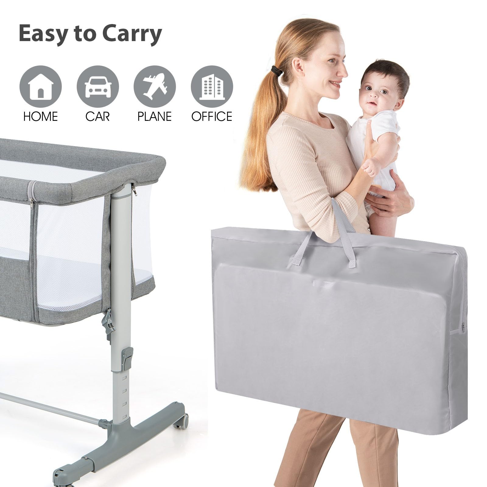 LIFEZEAL 3 in 1, culla regolabile in altezza a 5 livelli, culla con materasso, lettino da viaggio mobile su ruote con navicella, culla per bambini dalla nascita fino a 9 kg (grigio chiaro)