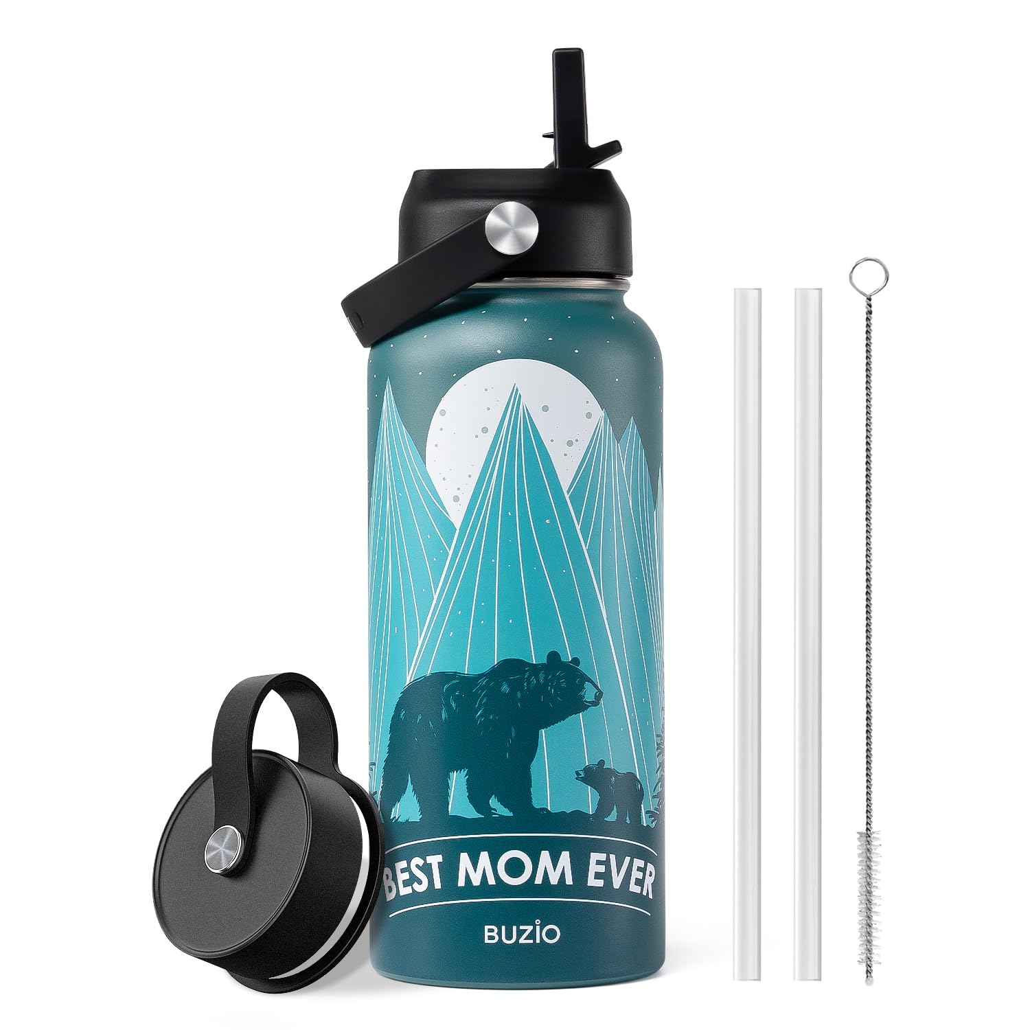 BUZIO Gifts for Mom Birthday, 32oz Best Mom Water Bottle for Mother Gift, Bear Mama Hydro Water Flask with Straw Lid, Stainless Steel Insulated Vacuum Metal Tumbler from Daughter Son, Cold for 48Hrs