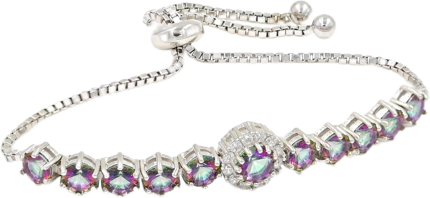 Natural Mystic Topaz Adjustable Bolo Bracelet for Women in 925 Sterling Silver | 6mm Center Stone with 5mm Side Gemstones | Handmade Rainbow Gemstone Tie Bracelet | Elegant Sterling Silver Jewelry Gift