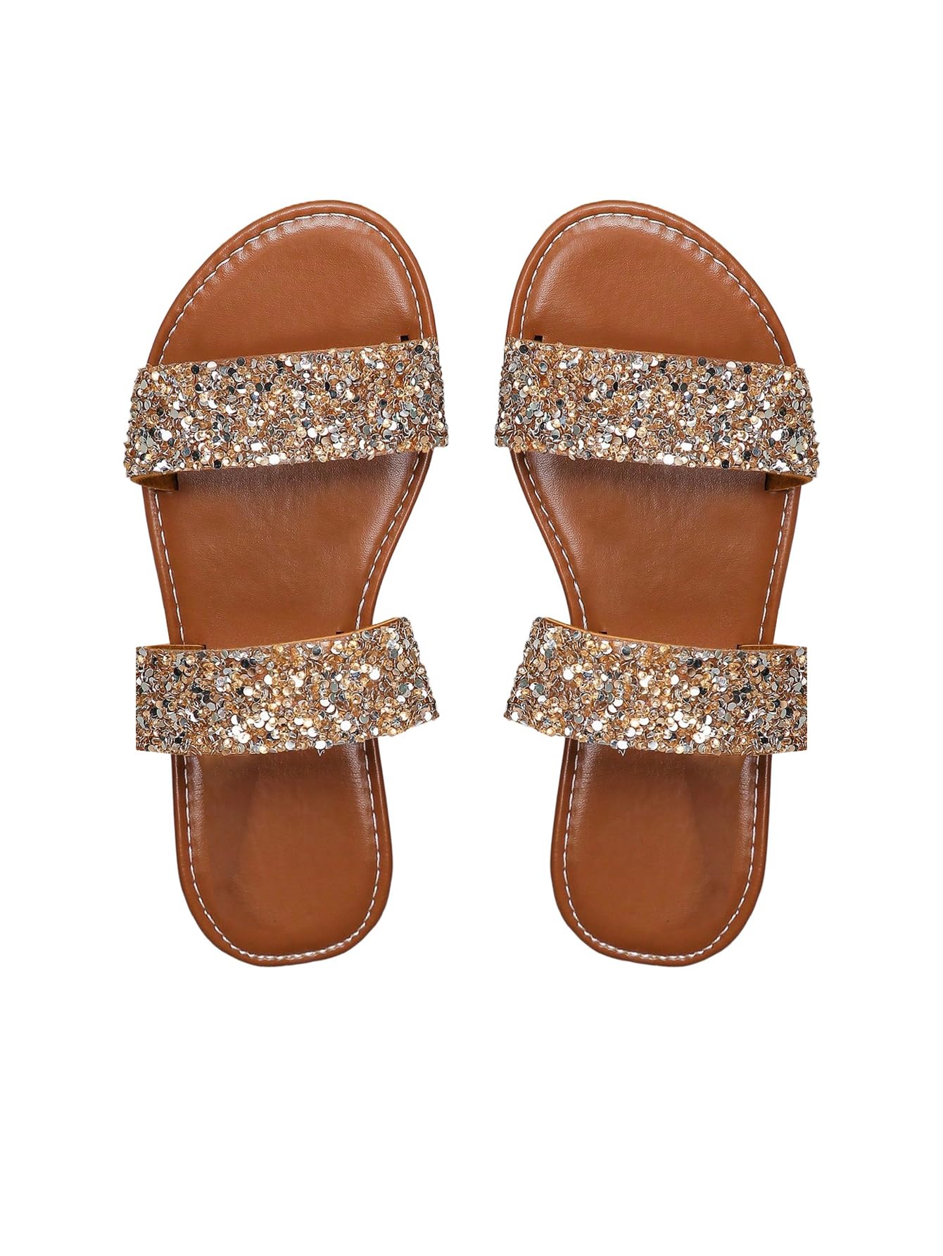 Verdusa Women's Glitter Rhinestone Flat Sandals Open Toe Double Strap Summer Slip on Slides