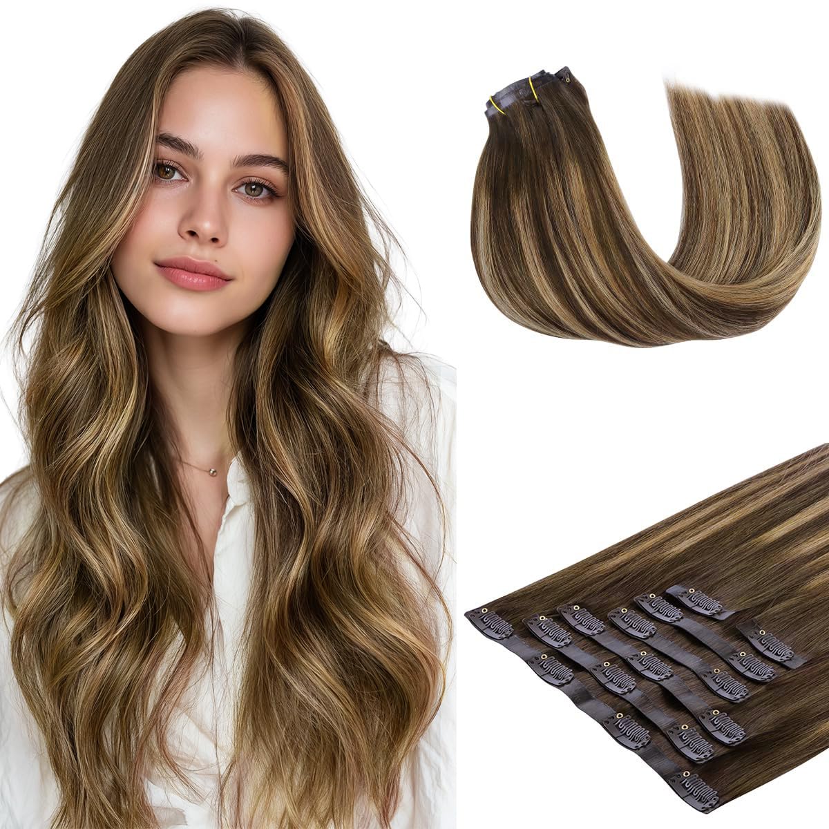 HOTBANANA Clip in Hair Extensions 18 inch 130g 7pcs Chocolate Brown mixed Caramel Blonde Clip in Remy Human Hair Extensions Straight Hair Invisi Edge