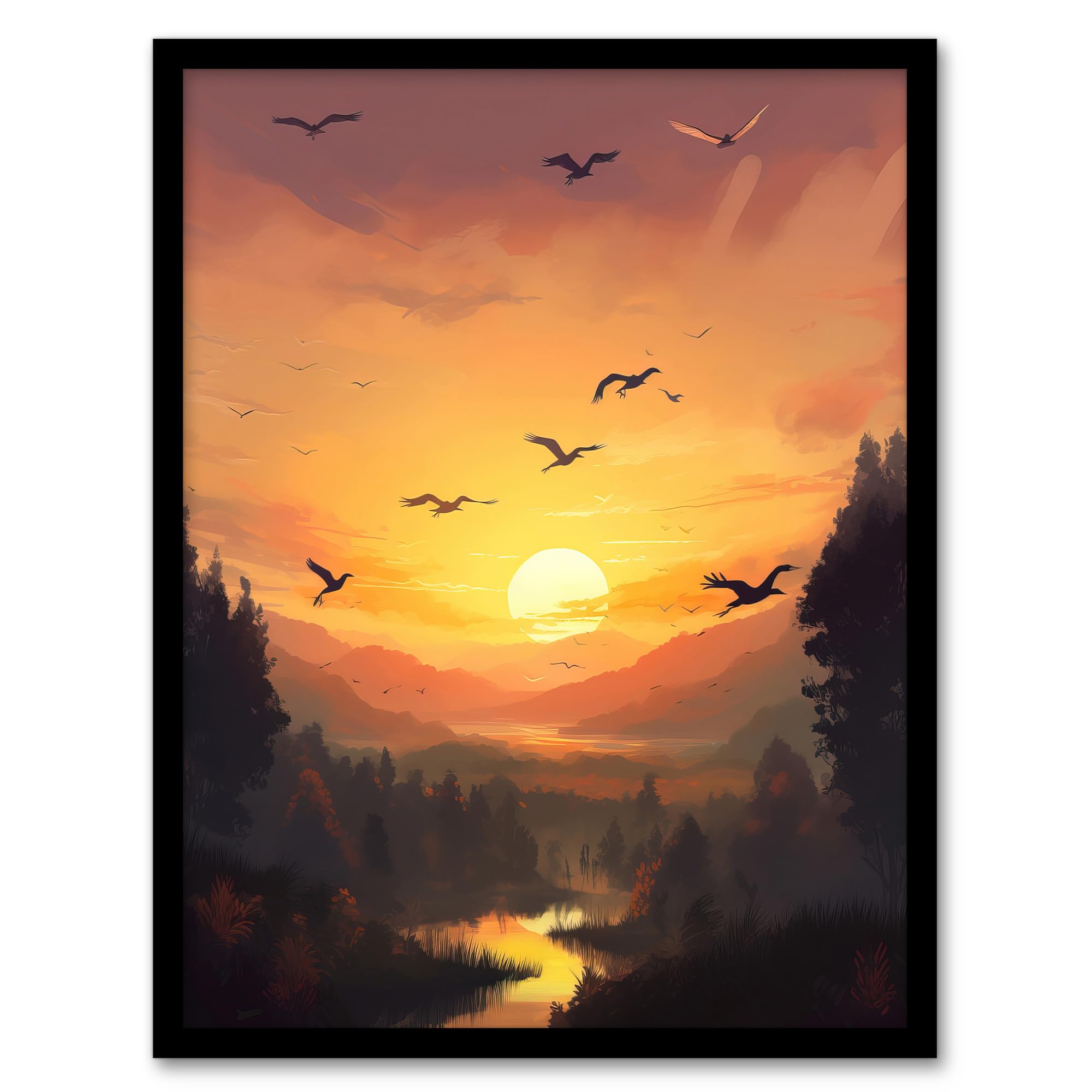 Flock of Cranes Flying Art Print - Golden Sunset Sky Atmospheric Painting - Birds over Forest River Landscape - Artery8