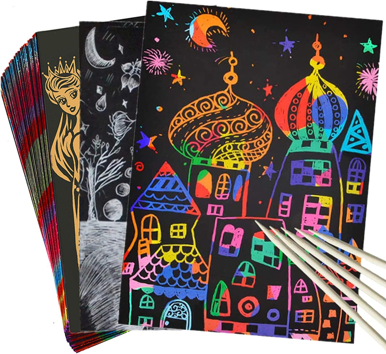 Rainbow Scratch Paper Art Craft Kit: 50 Sheets Black Scratch Art Paper with 5 Wooden Stylus and 4 Drawing Rulers 3-10 Year Old Girls Gifts, Age 5-12 Kids Scratch Art Party Activity Crafts Supplies