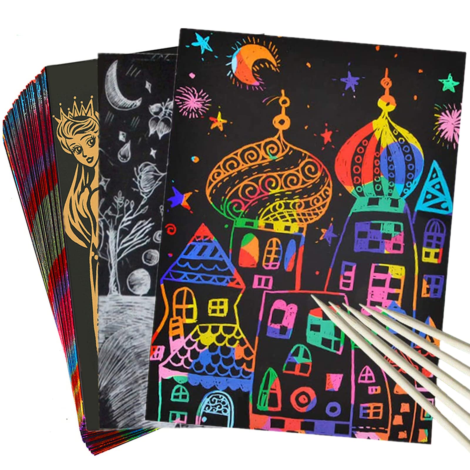 Rainbow Scratch Paper Art Craft Kit: 50 Sheets Black Scratch Art Paper with 5 Wooden Stylus and 4 Drawing Rulers 3-10 Year Old Girls Gifts, Age 5-12 Kids Scratch Art Party Activity Crafts Supplies