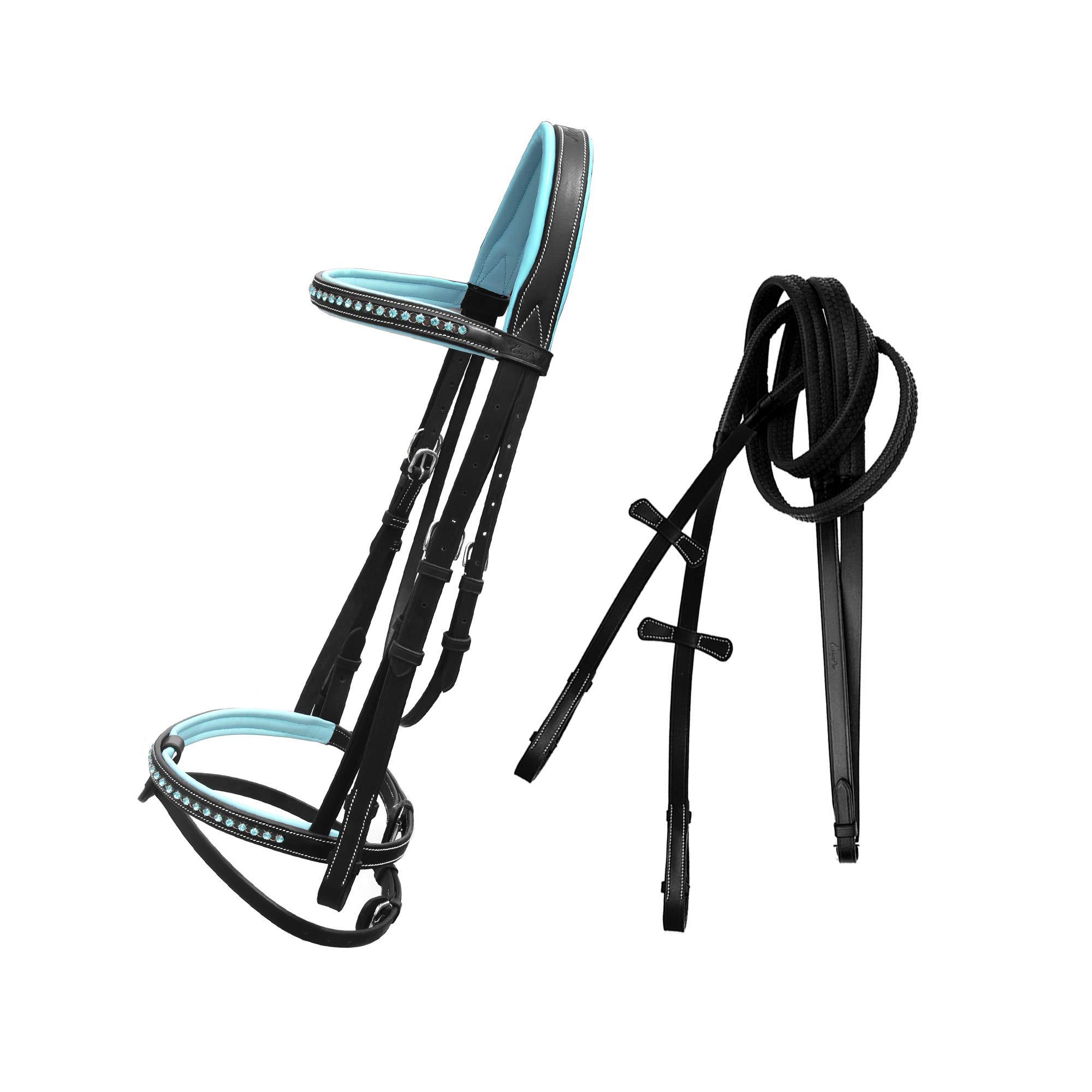 Bling Bridle on Browband & Snaffle Noseband with Baby Blue Soft Padded Leather Jumping Flash Bridle & Rubber Rein | Bling English Bridle for Horses