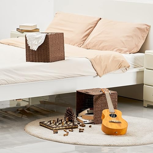 Miniatura 4 de Vagusicc Cestas de mimbre, juego de 2 cestas de almacenamiento de cuerda de papel tejidas a mano, canastas de almacenamiento plegables para