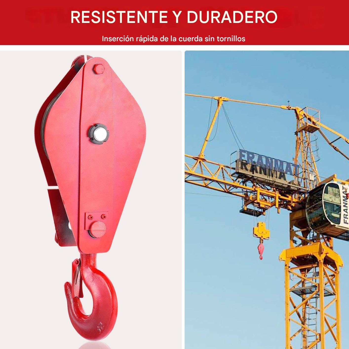 Polea resistente, polea de cabrestante | Polea de elevación de 5 toneladas con gancho | Bloque de cuerda de aleación de acero de 18,5 mm para cuerda de alambre, grúas, equipos de elevación