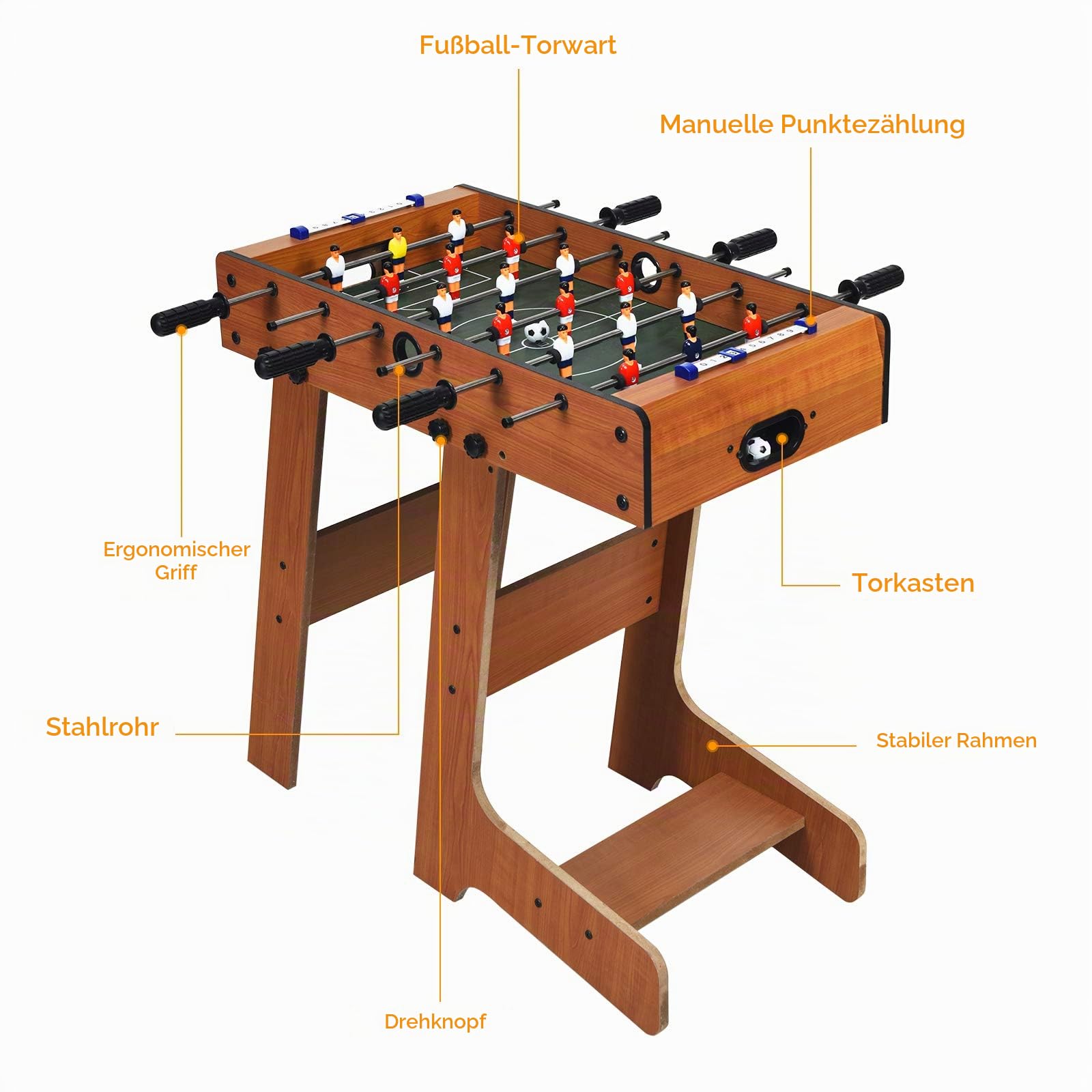 DREAMADE Kickertisch klappbar, Tischkicker inkl. 2 Bällen und 18 Spielfiguren, Stabiler Fußballtisch aus Holz, Fußball-Spieltisch für Kinder und Erwachsene, für Spielzimmer, Partys, Holzfarbe
