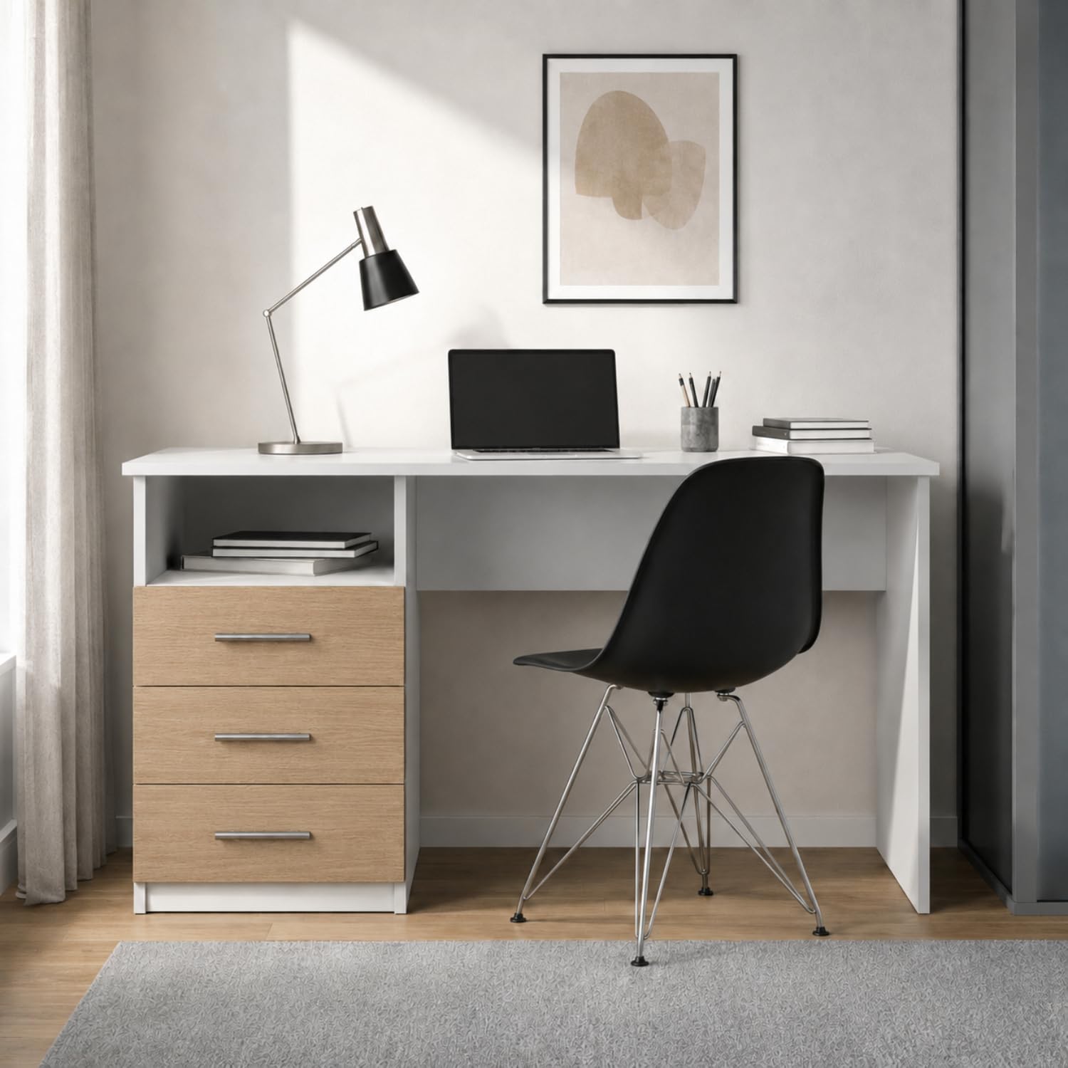 Arreditaly Scrivania Desk Lipsia Per Studio Con Cassetti Laterali Postazione PC Salvaspazio Ufficio Soggiorno E Cameretta 120 X 72 X 48 Cm Bianco E Rovere