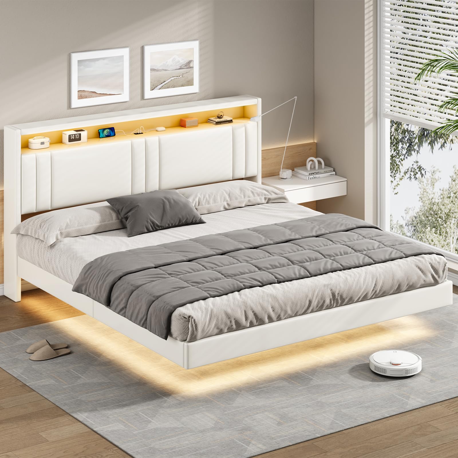 KIMENICH Letto 180 x 200 cm, Struttura Letto con Illuminazione a LED, Stazione di Ricarica, Effetto Visivo Galleggiante, Struttura del Lettos con Rete a Doghe, per Camera da Lettos, PU bianca