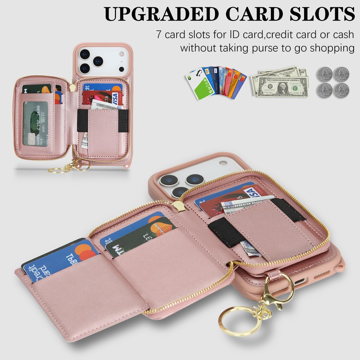 Cavor for iPhone 17 Pro Max Wallet Case with Card Holder for Women Men, for iPhone 17 Pro Max Case with Strap, Crossbody Lanyard Phone Case, Magnetic Detachable Compatible with Magsafe-Rose Gold