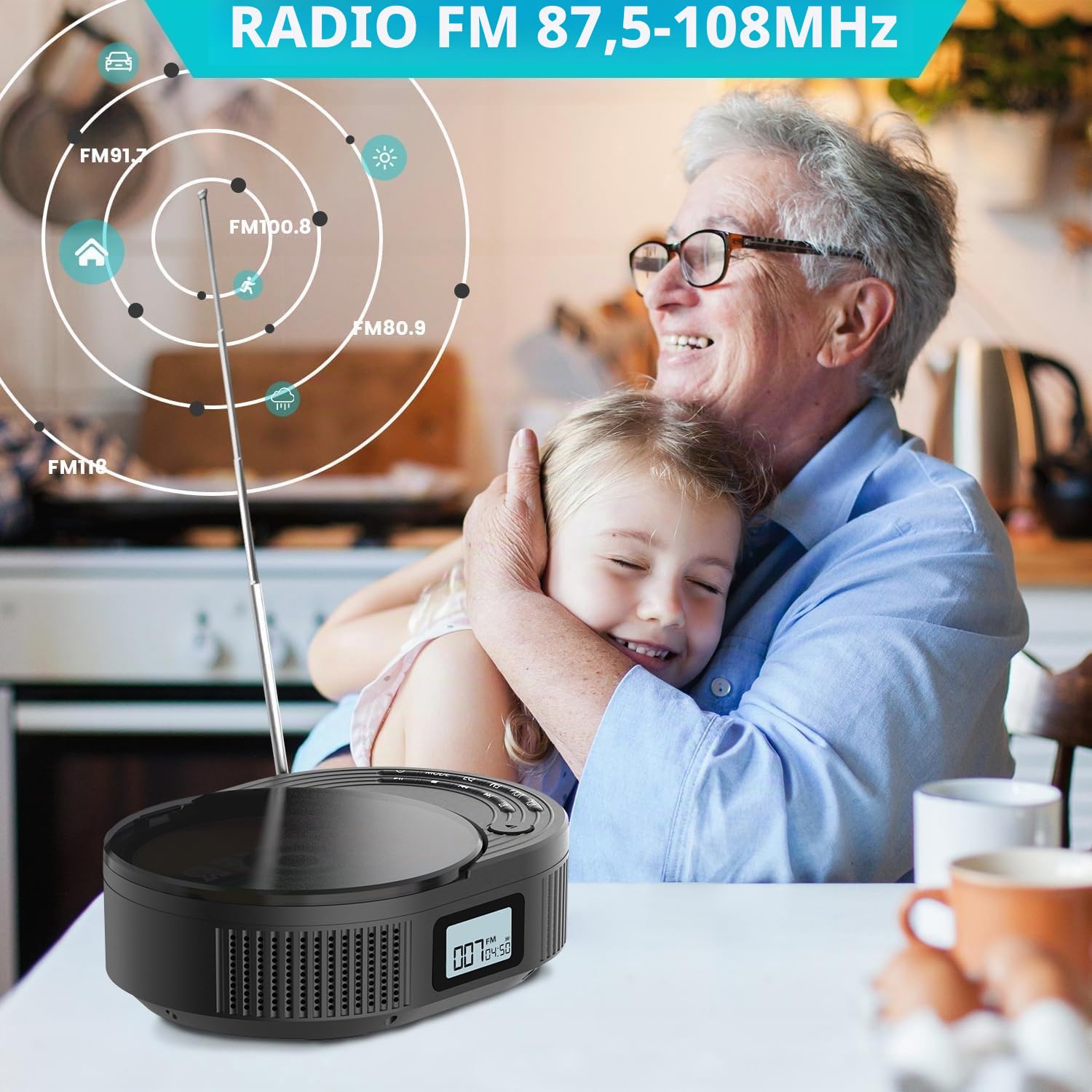 Lecteur CD Monodeal 2 en 1 avec Bluetooth et radio FM, rechargeable, portable, avec haut-parleurs, prise en charge AUX/USB