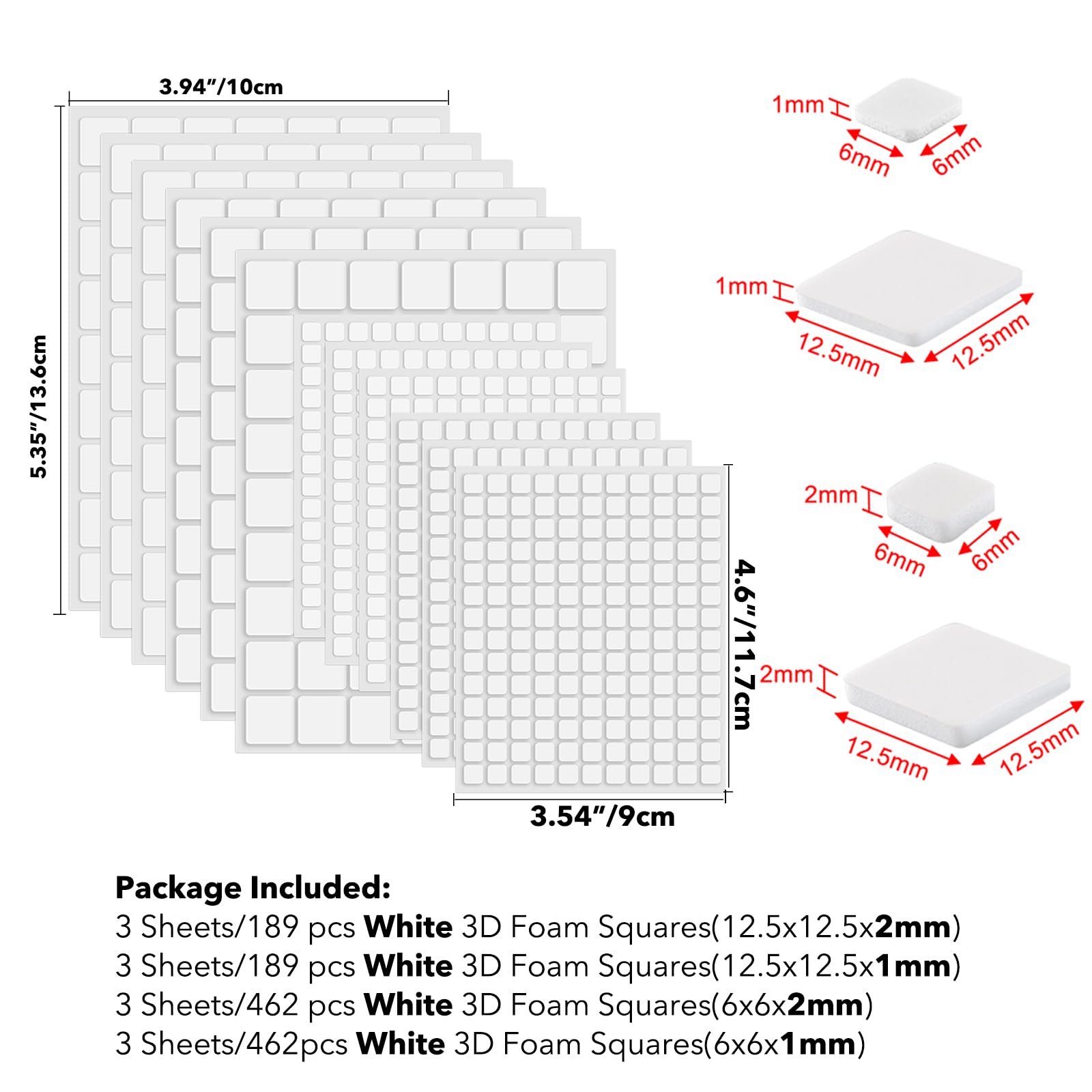 Briartw 12 Sheet/Pack,3D Double Sided Adhesive Foam Squares for Cards Making,White Permanent Sticky Dimensional Adhesives to Create Depth,1mm and 2mm Thickness-Mini and Large Squares