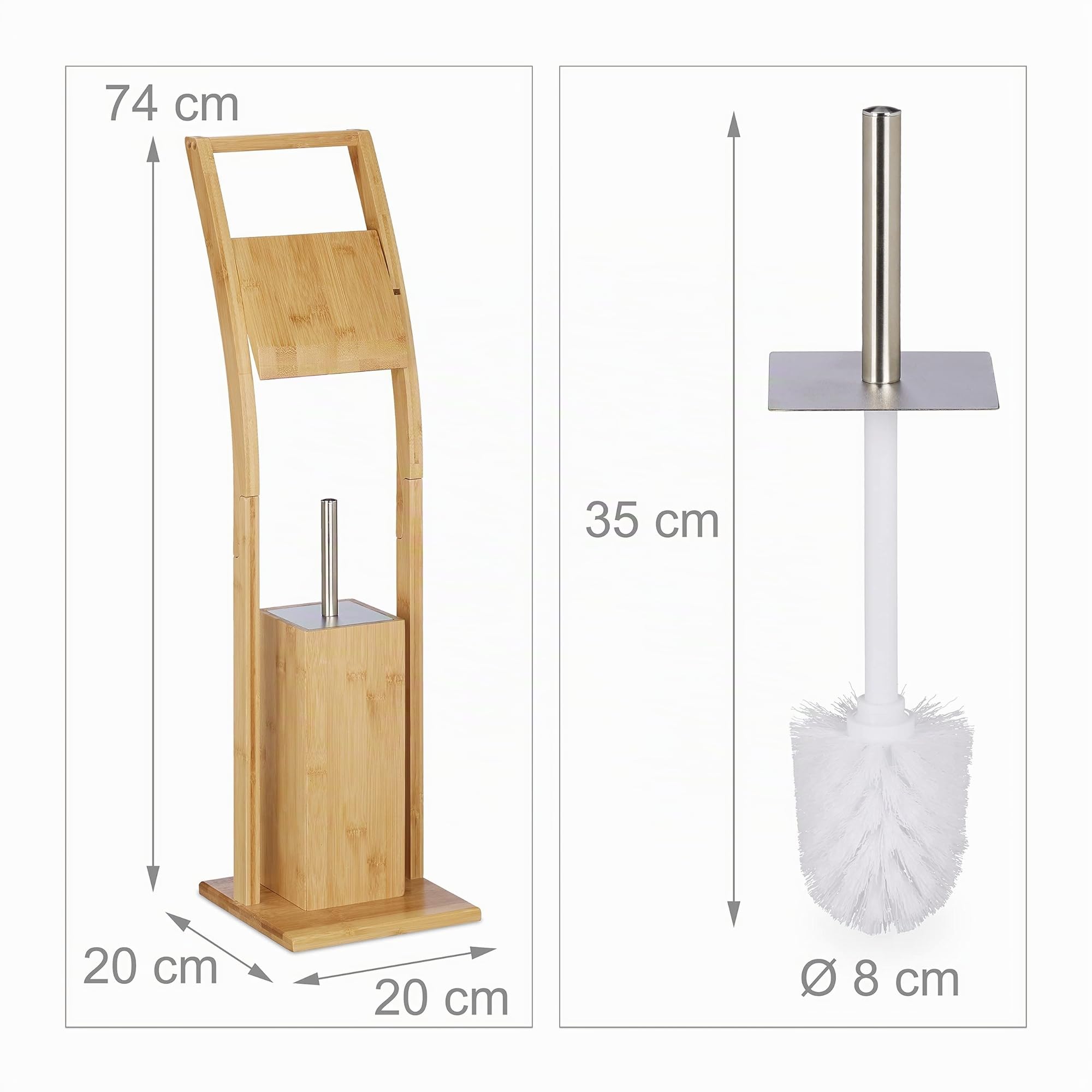 Relaxdays Escobillero Portarrollos de Pie, Bambú, Acero Inoxidable, Set Cuarto de Baño, 74 x 20 x 20 cm, Natural