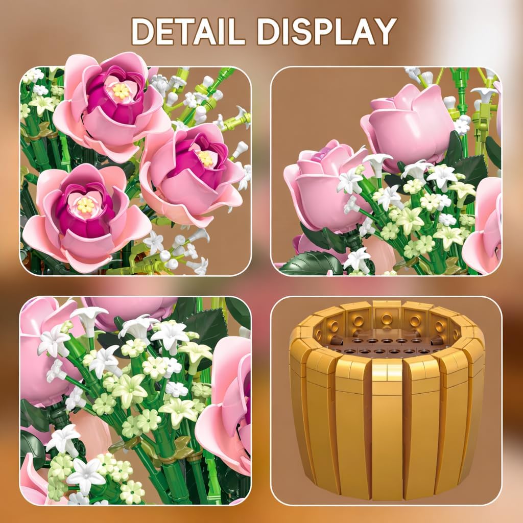 Pink Rose Building Block Set Flower Pot Botanical Decor DIY Building Toy Gift for Women Adults Home Desk Decoration 1059 PCS
