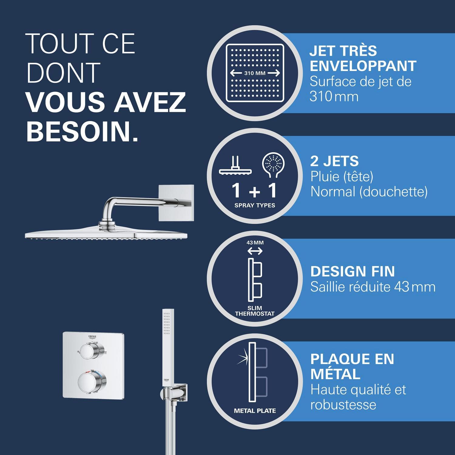 GROHE Precision Thermostatique, Ensemble de Douche Encastré 2 sorties, Douche de Tête Vitalio Rain Mono Cube 310, Douchette Vitalio Joy Cube Stick 1 jet, Flexible 1,5 m, Chromé, 34881000
