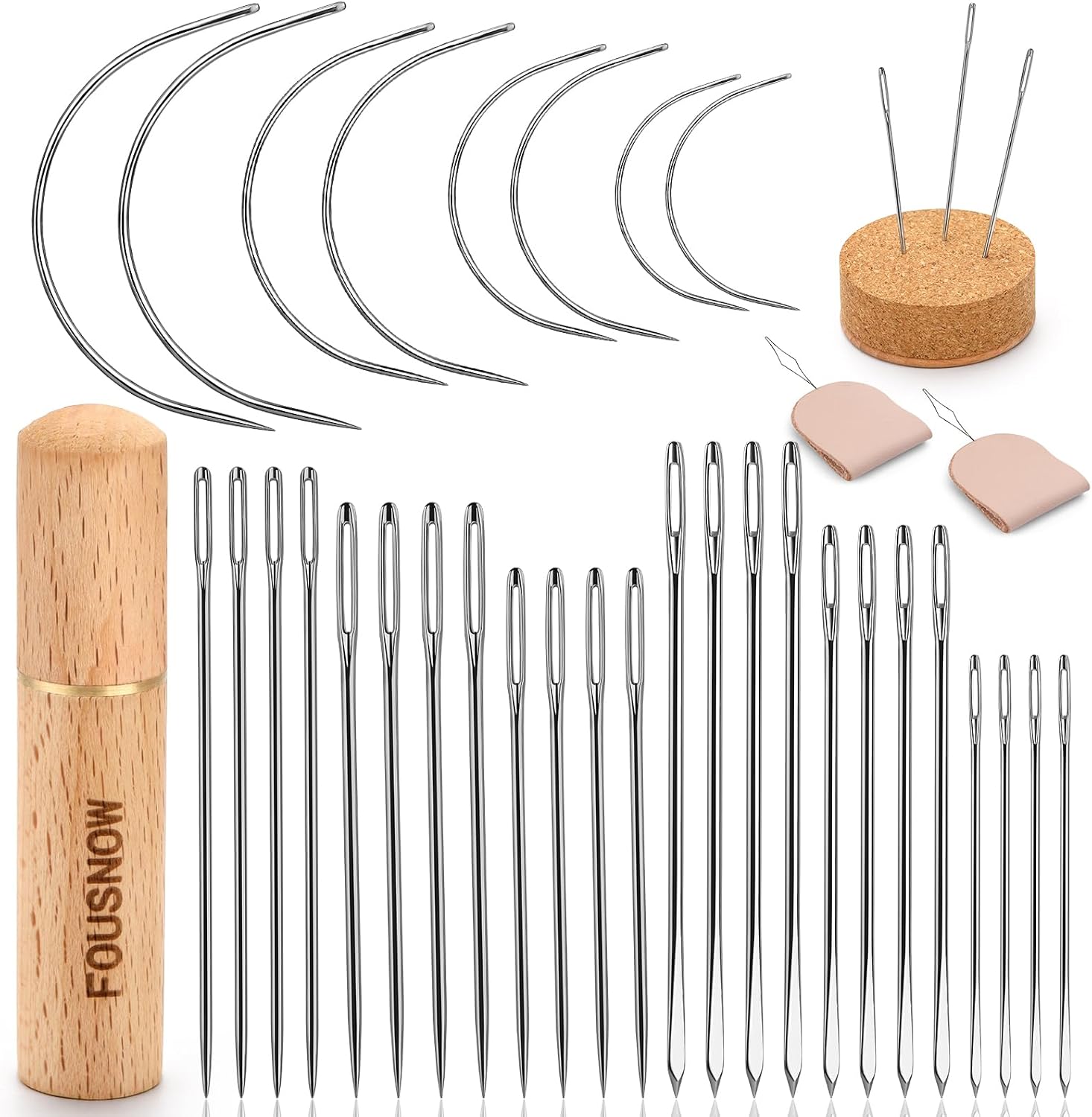 FOUSNOW 28 Pcs Leather Sewing Needles Kit, Heavy Duty Sewing Needles Kit with Upholstery Needles, Needle Threaders for Hand Sewing, Curved Needles for Leather Upholstery Car Carpet Sofa Repair