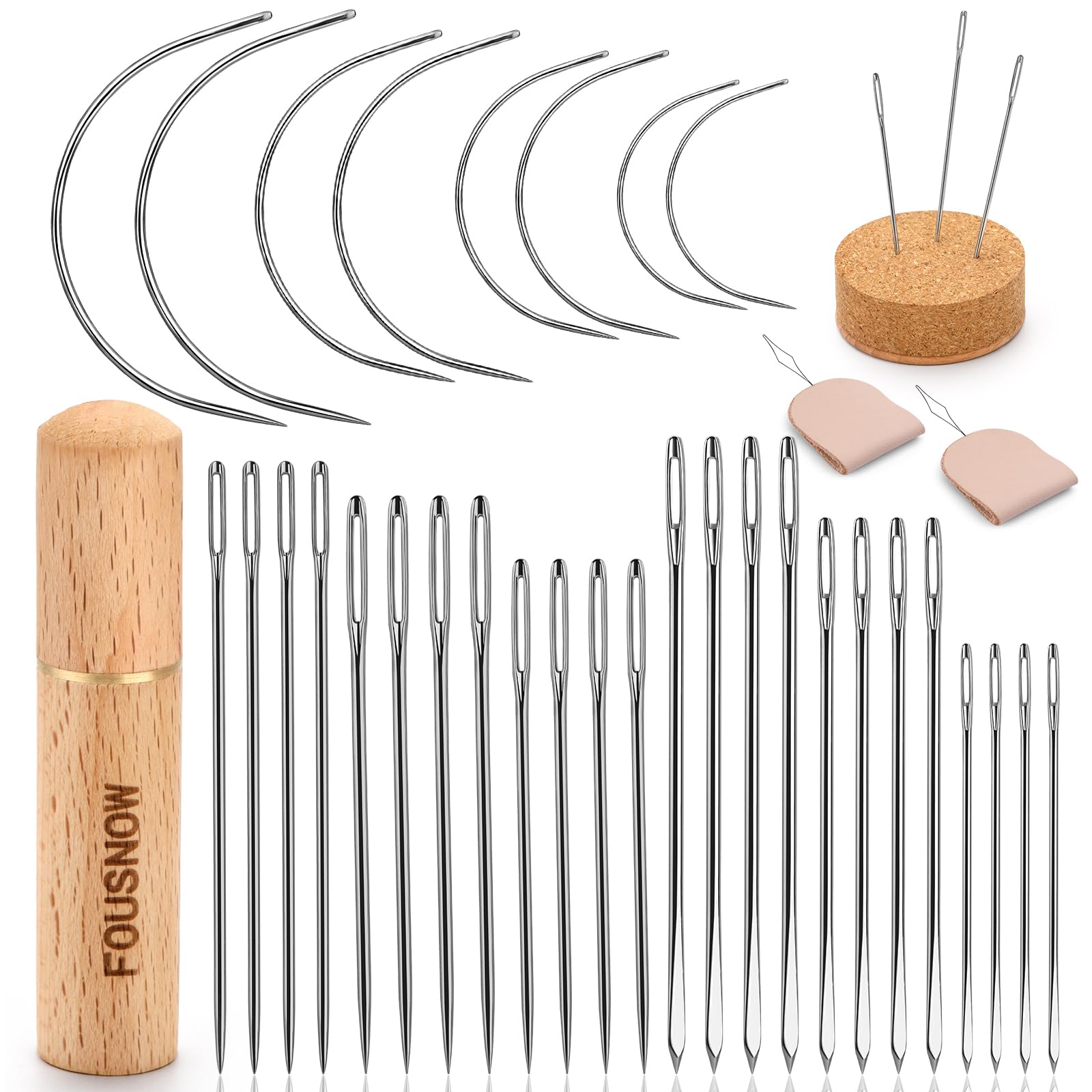 FOUSNOW Juego de 36 agujas de coser resistentes, agujas de coser curvadas para coser a mano, agujas de coser de cuero con cojín de agujas de coser de madera, estuche de agujas para reparación de