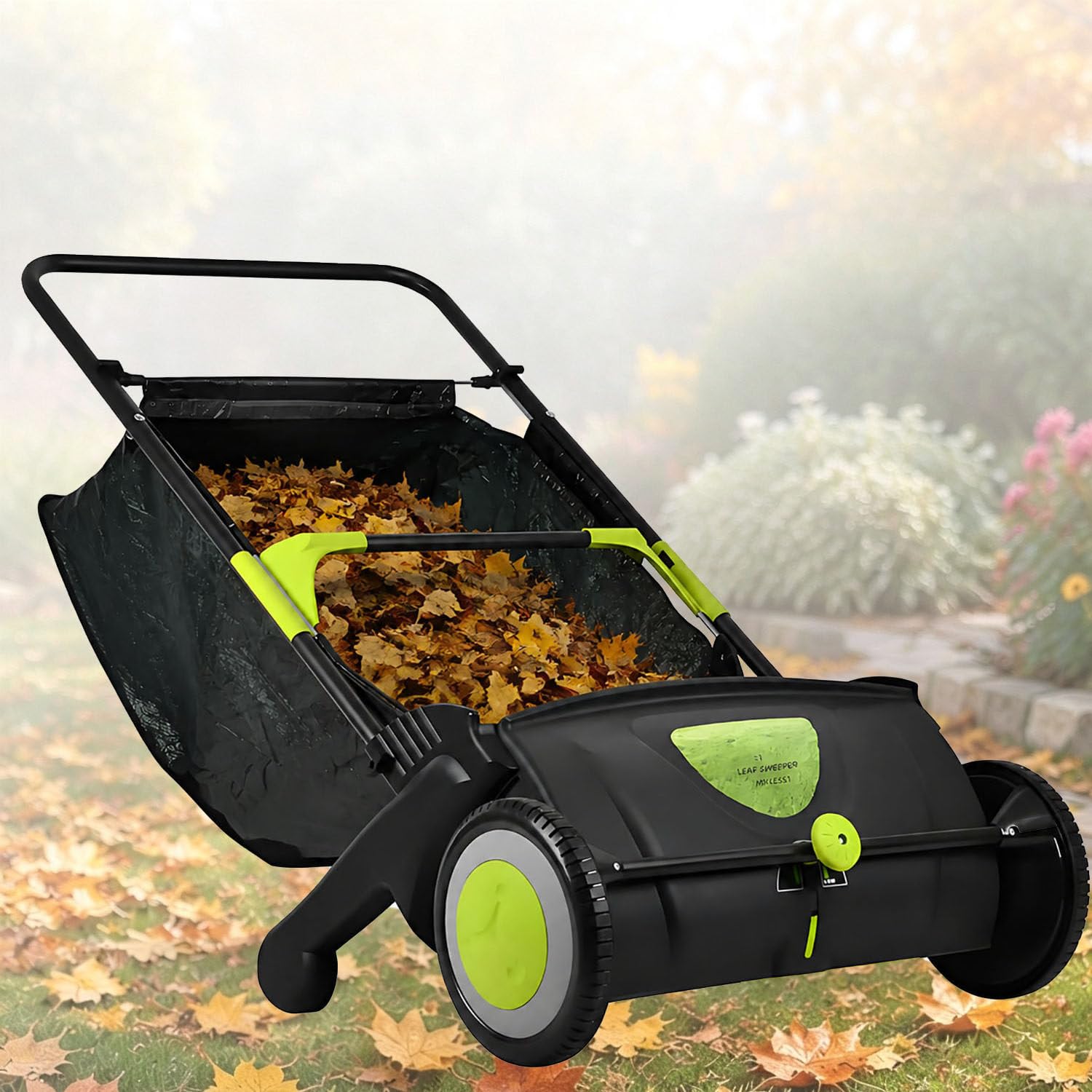 Barredora Manual de césped, Bolsa recogedora 100L, Unidad de cepillos de Alta Resistencia, sin Electricidad, para Patios, entradas y Jardines