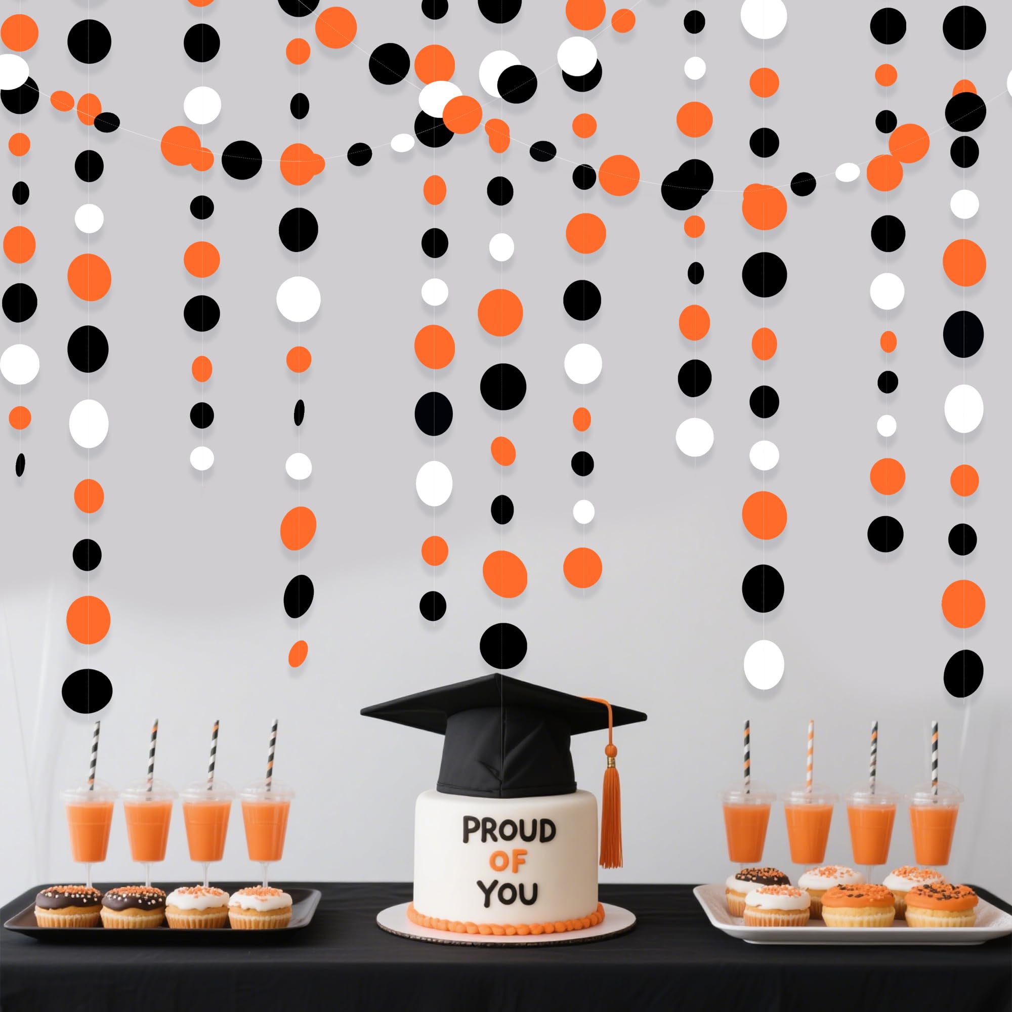 46Ft Orange Black Circle Dot Garland Black Orange and White Polka Dot Hanging Paper Streamer for Birthday Wedding Bridal Shower Baby Shower Fall