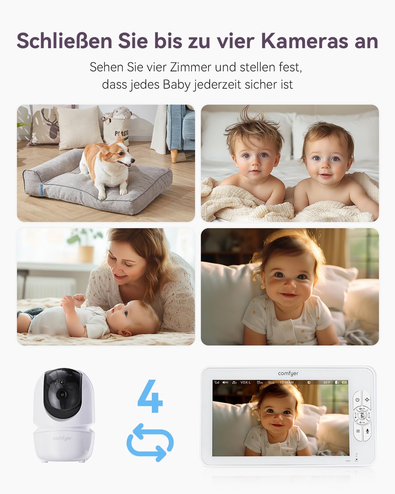 Comfyer BM01 Split-Screen Babyphone 7" HD 720P 2 Kameras ohne WLAN IR-Nachtsicht VOX-Modus 2-Wege-Audio 6000mAh 300M Reichweite