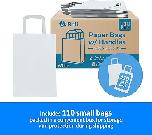 Miniatura 3 de Reli. Paquete de 110 | 5.25 x 3.25 x 8 pulgadas | Pequeñas bolsas de regalo blancas con asas | Compra de papel kraft, bolsa de papel blanco para