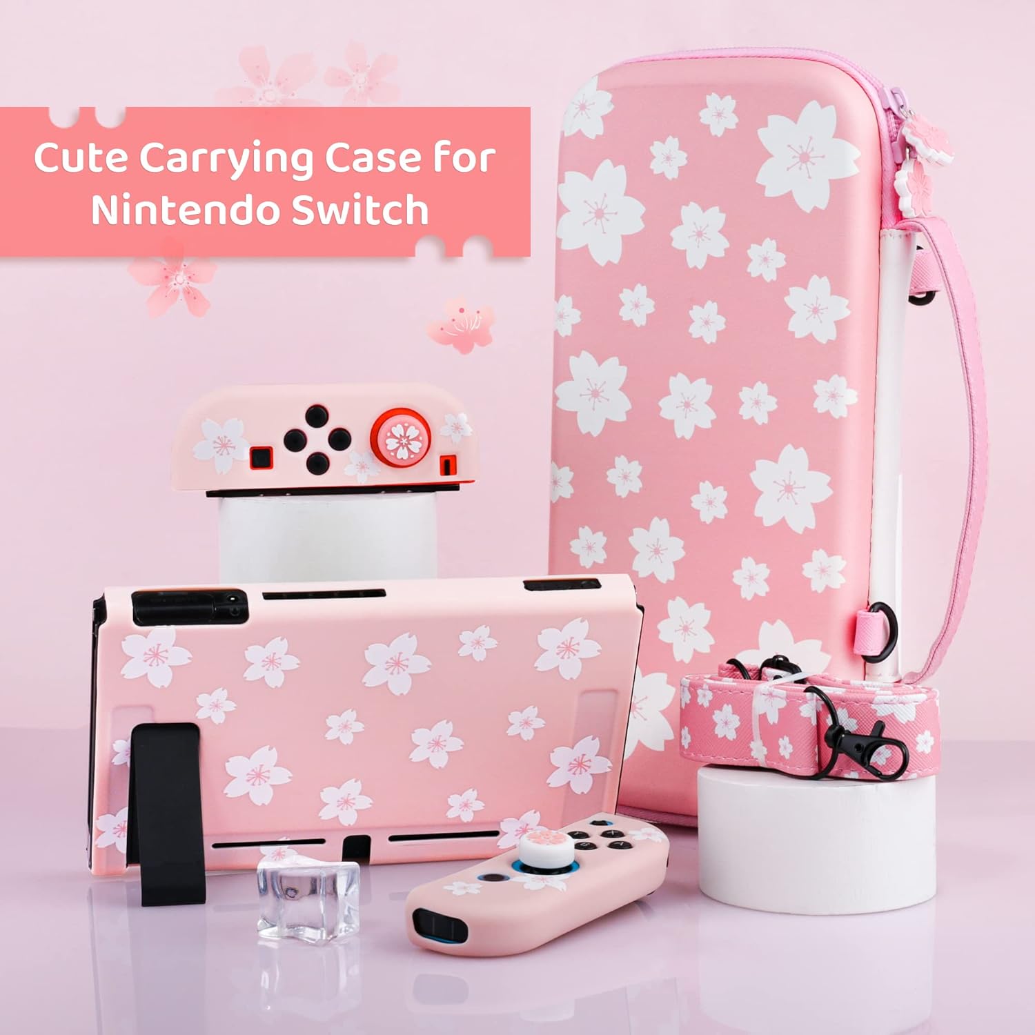 FANPL Cute Carrying Case Bundle for Nintendo Switch, Pink Switch Accessories Kit with Hard Travel Case, Soft TPU Cover, Adjustable Strap, Screen Protector, Thumb Grip Caps, Pink White Sakura for Girl - Image 6