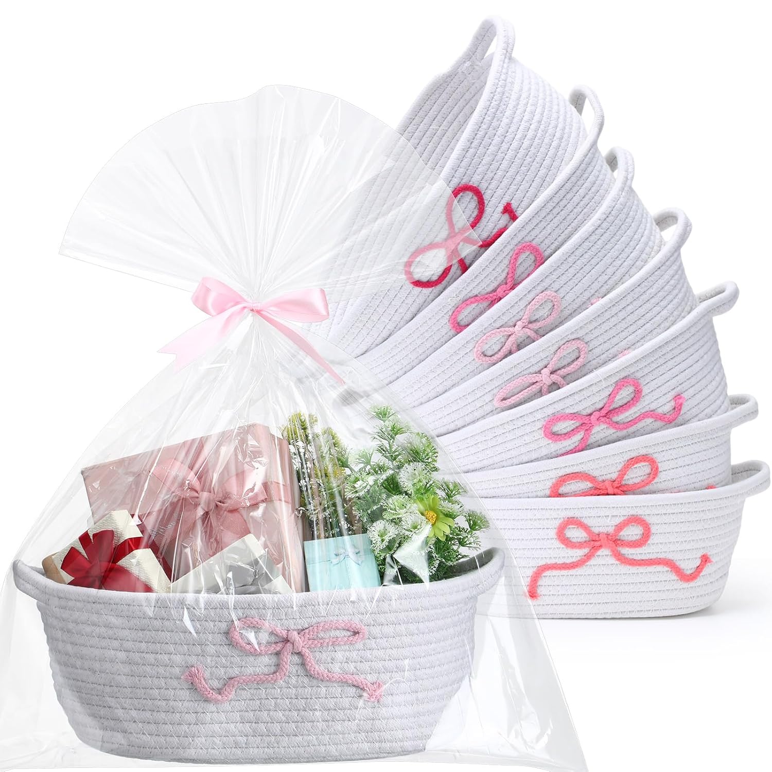 8 Pack Easter Pink Bow Woven Baskets with Handle Clear Plastic Gift Bags and Pink Ribbons 12"x 8"x 5" Baby Gift Baskets for Baby Showers Nursery Decorative Storage Organizers Pet Toy
