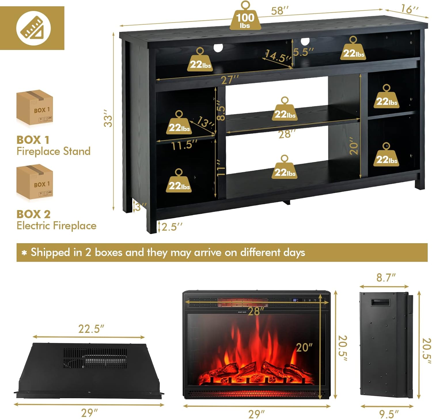 Tangkula 58 Inches Fireplace TV Stand for TVs up to 65 Inches, Modern Entertainment Center w/ 28 Inches Fireplace Insert, Remote Control, Electric Fireplace TV Console Table
