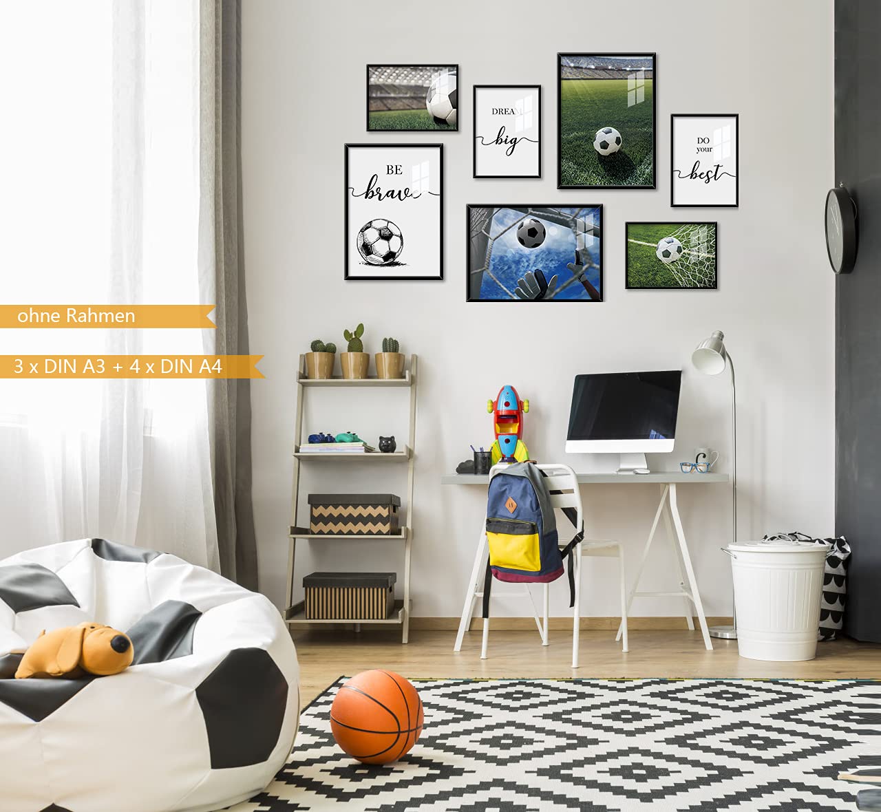 veces Poster di calcio per camera da letto per ragazzi, set di 3 decorazioni artistiche da parete, poster motivazionali con calcio di strada, poster