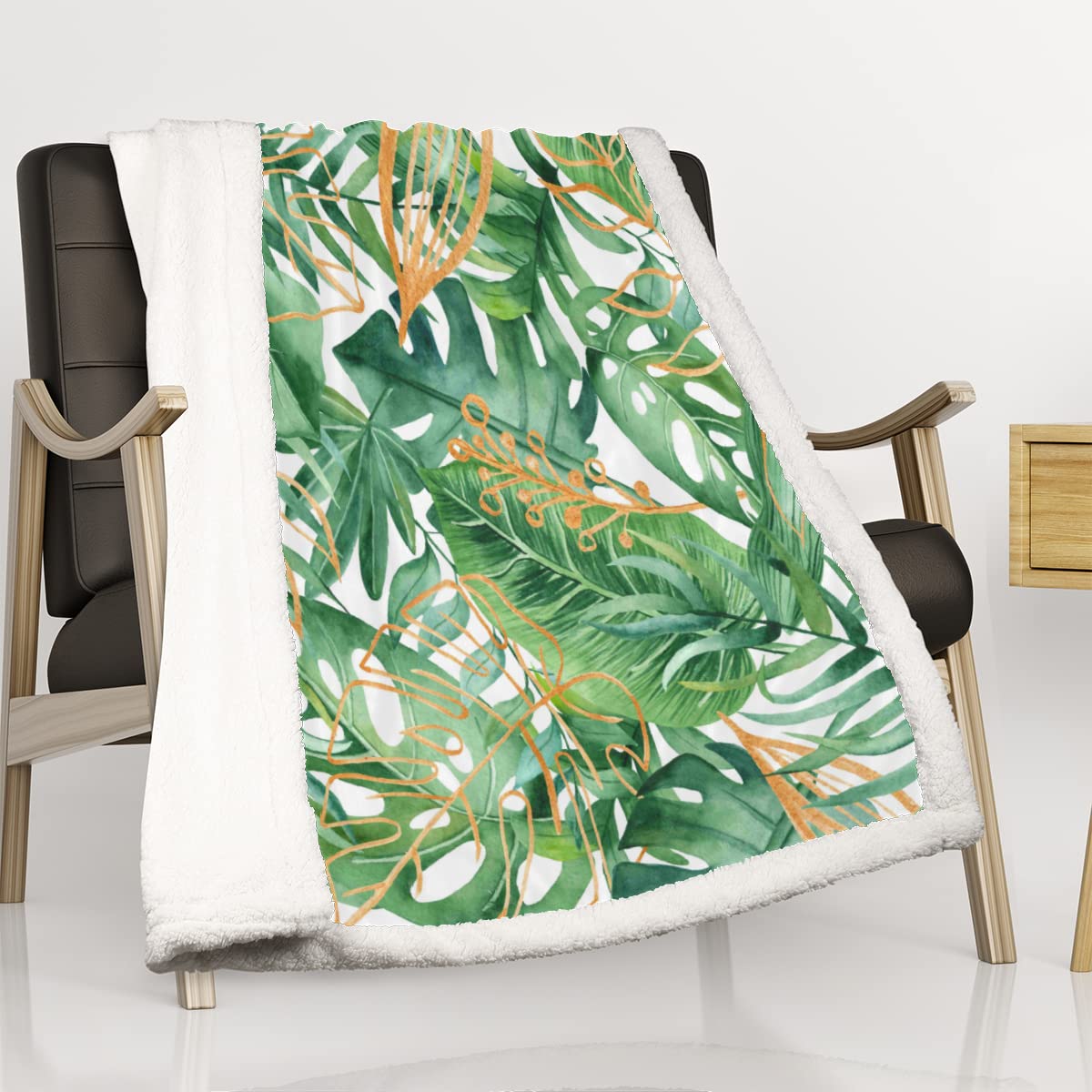 Manta tropical de hojas de palma para sofá, invierno, manta suave, patrón de verano, cálida lana de cordero para niños, mujeres y hombres