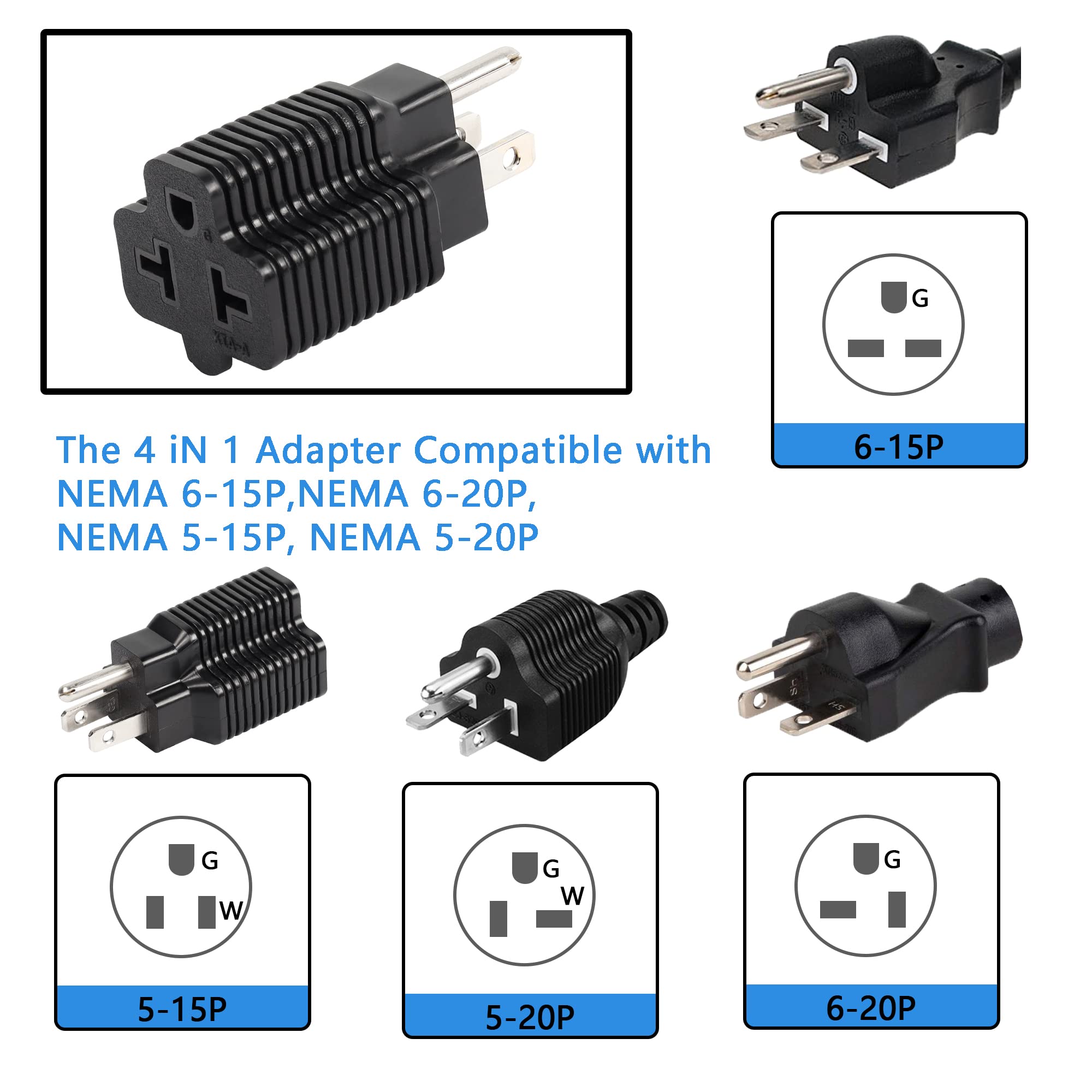 CERRXIAN 4 in 1 15 Amp to 20 Amp Plug Adapter, NEMA 5-15P to