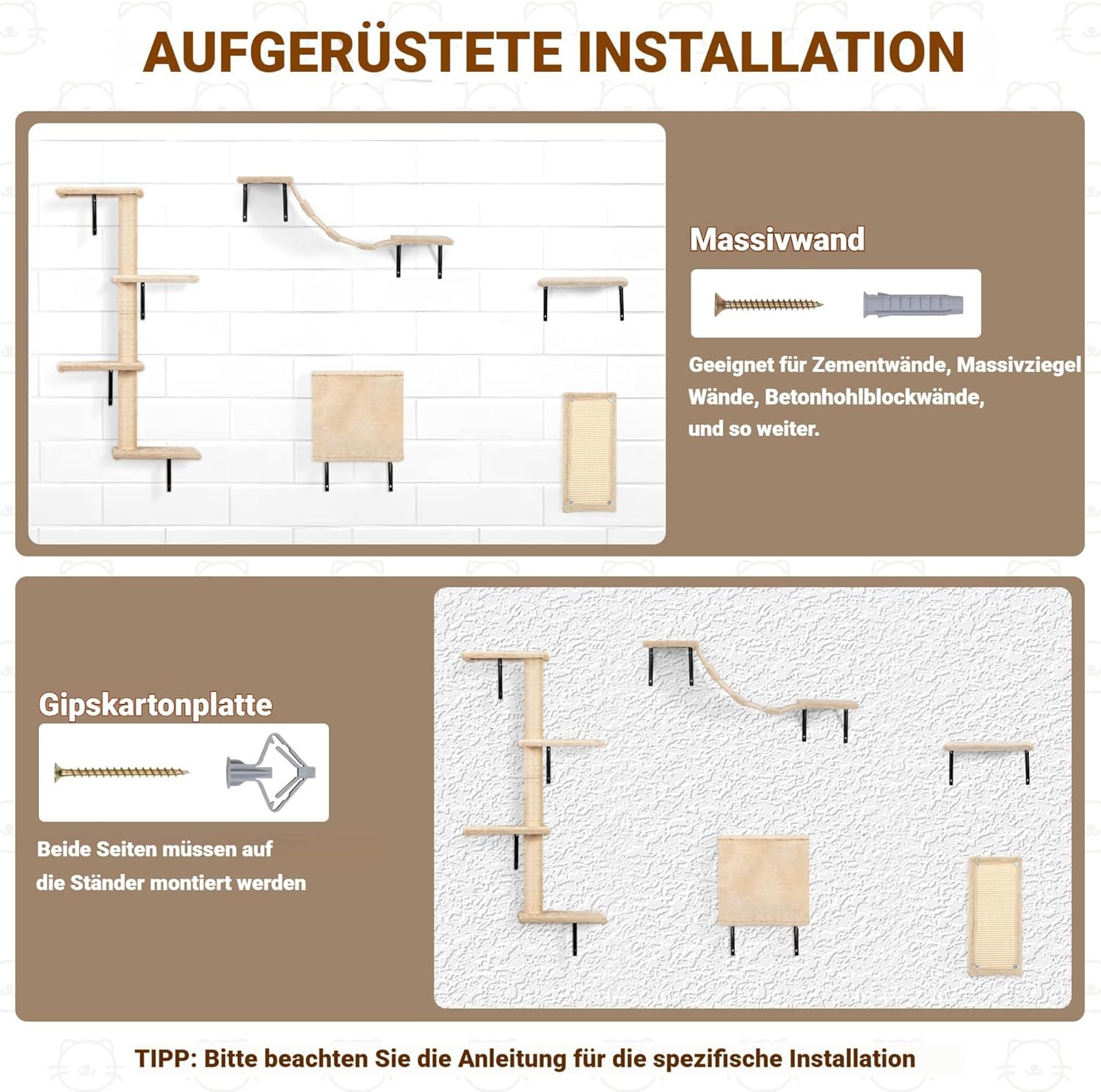 Katzen Kletterwand Set 5-teilig – Wandmontierte Katzenwand für Wohnungskatzen, mit Katzenhaus, Katzenbrücke, Kratzsäule & Kratzbrett, Platzsparend, beige