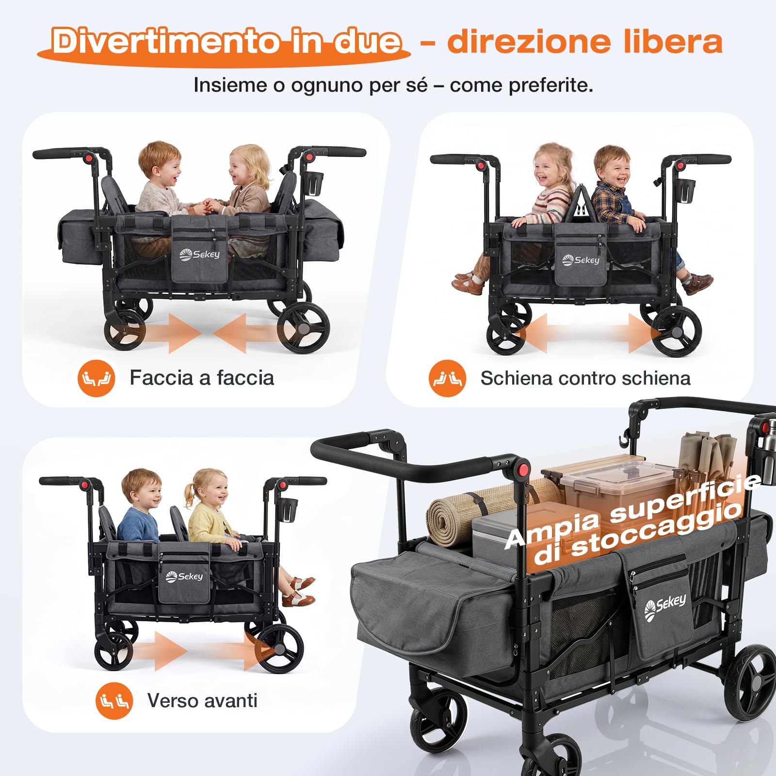 Sekey Carrello pieghevole per bambini, modalità gemelli, con tendina da sole per 2 bambini, maniglia a spinta duo, passeggino doppio con 2 sistemi di imbracatura a 5 punti integrati, Luxer 6060, Nero