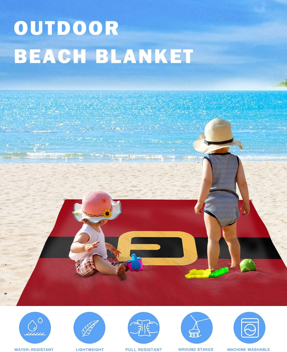 Merry Christmas Santa Claus Belt Beach Blanket Waterproof Sandproof Outdoor Picnic Mat 95"x80" Yellow Black Red Lightweight Large Beaach Blankets with 4 Stake & 4 Corner Pockets
